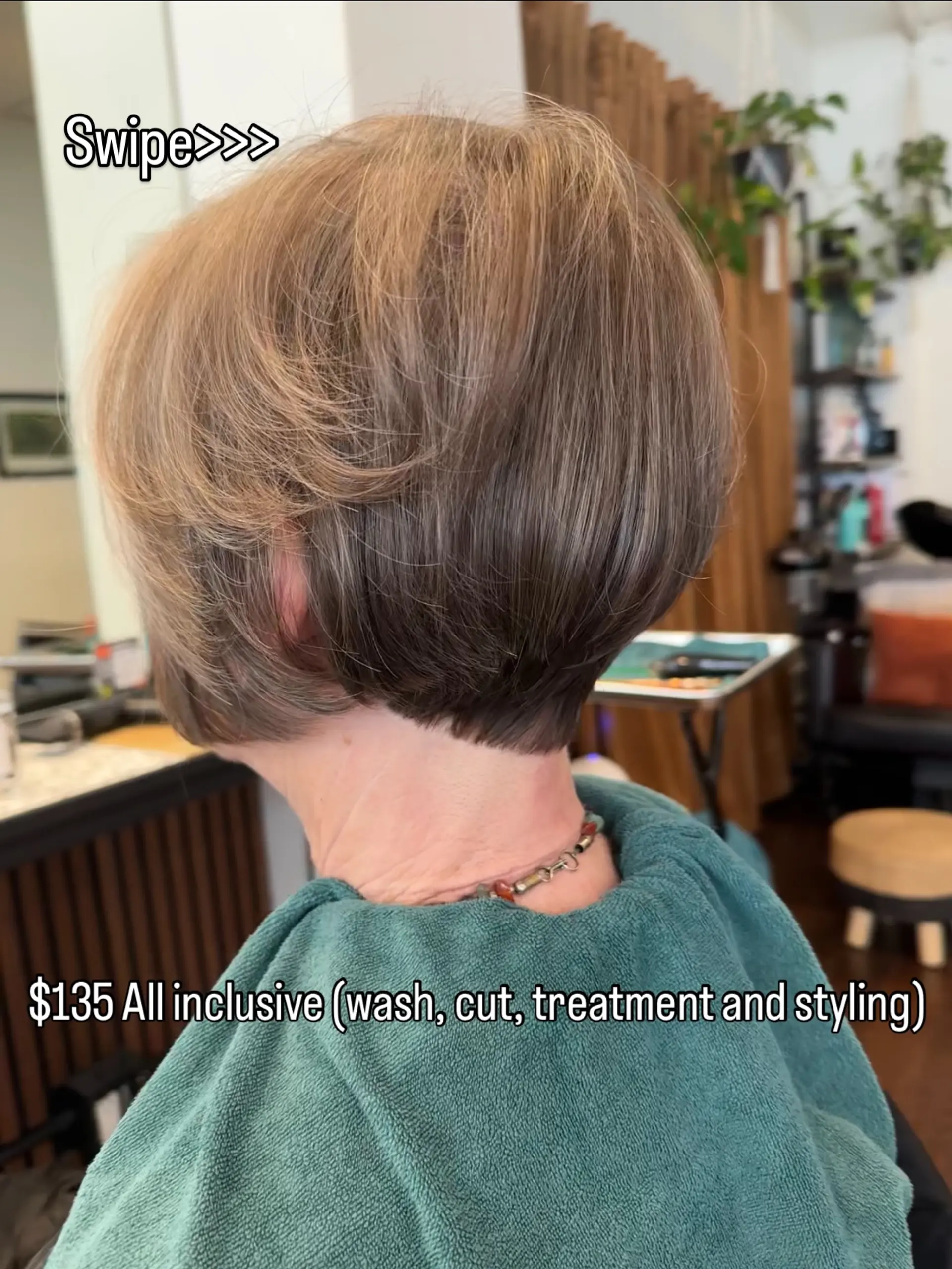 A textured short graduated bob haircut featuring a clean, tapered neckline and soft rounded layers. 1