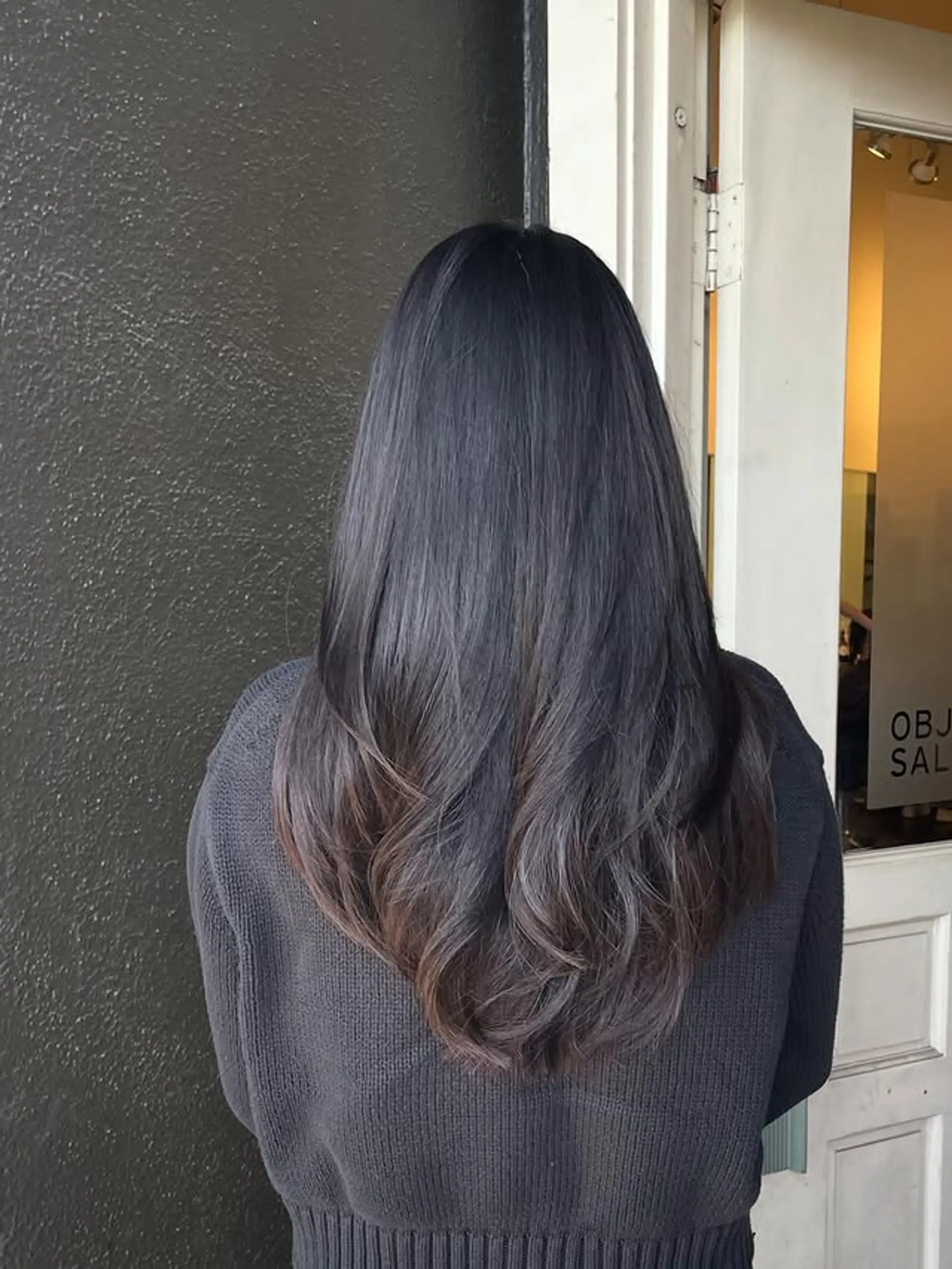 Long, straight hair with a dark ash brown ombre. 1
