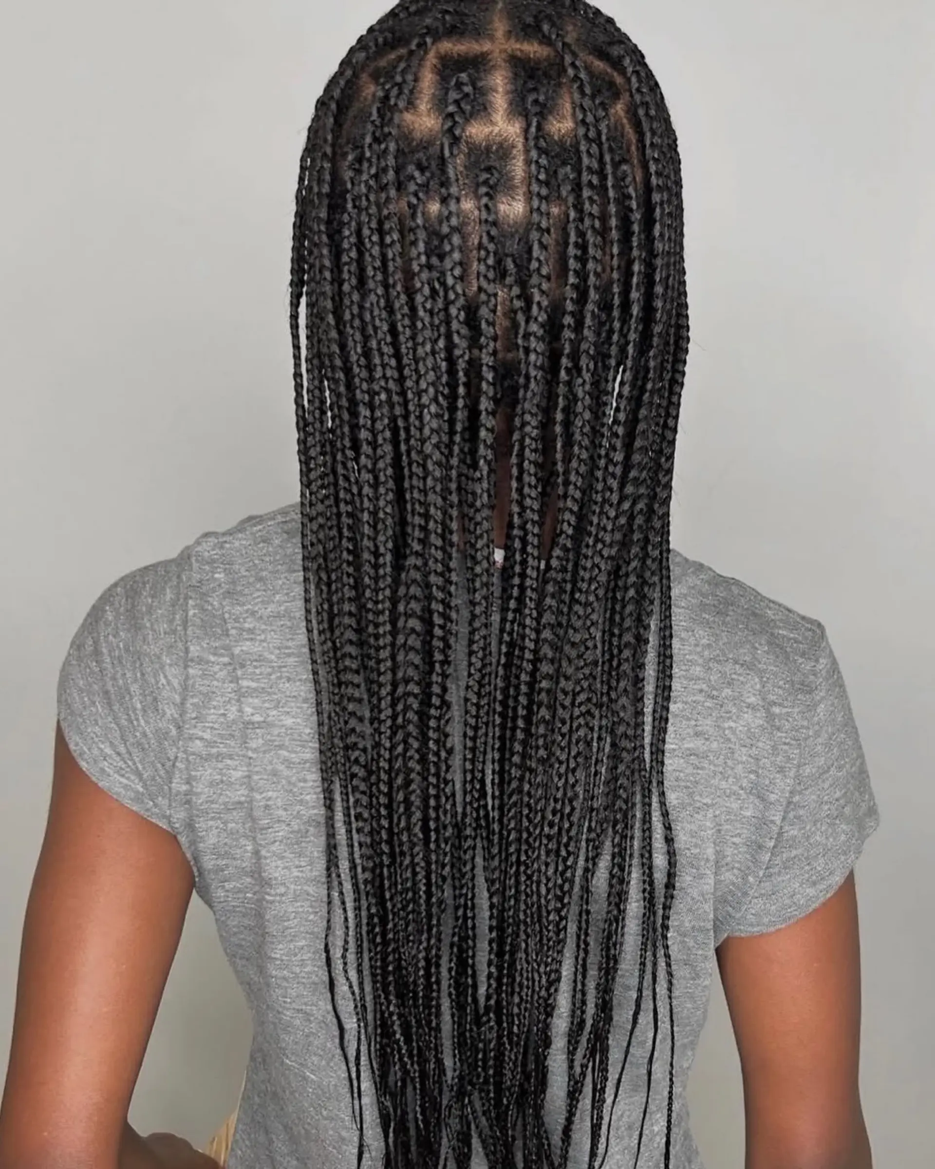 Long black box braids featuring precise square partings across the scalp, flowing straight down the back. 1