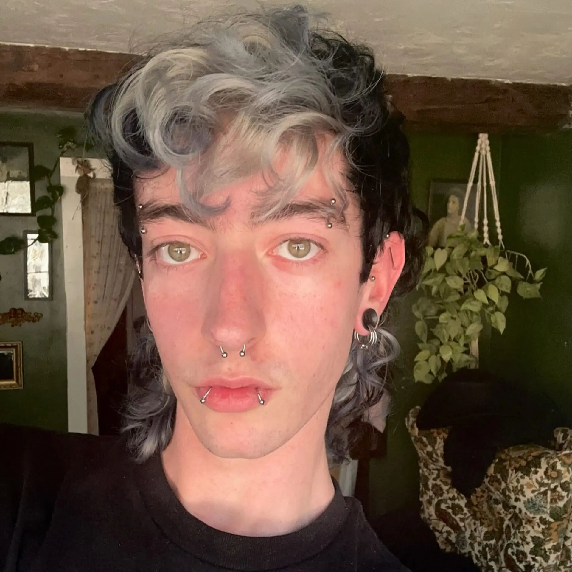 A textured wavy mullet featuring a silver-grey fringe and crown contrasting against dark hair. 1