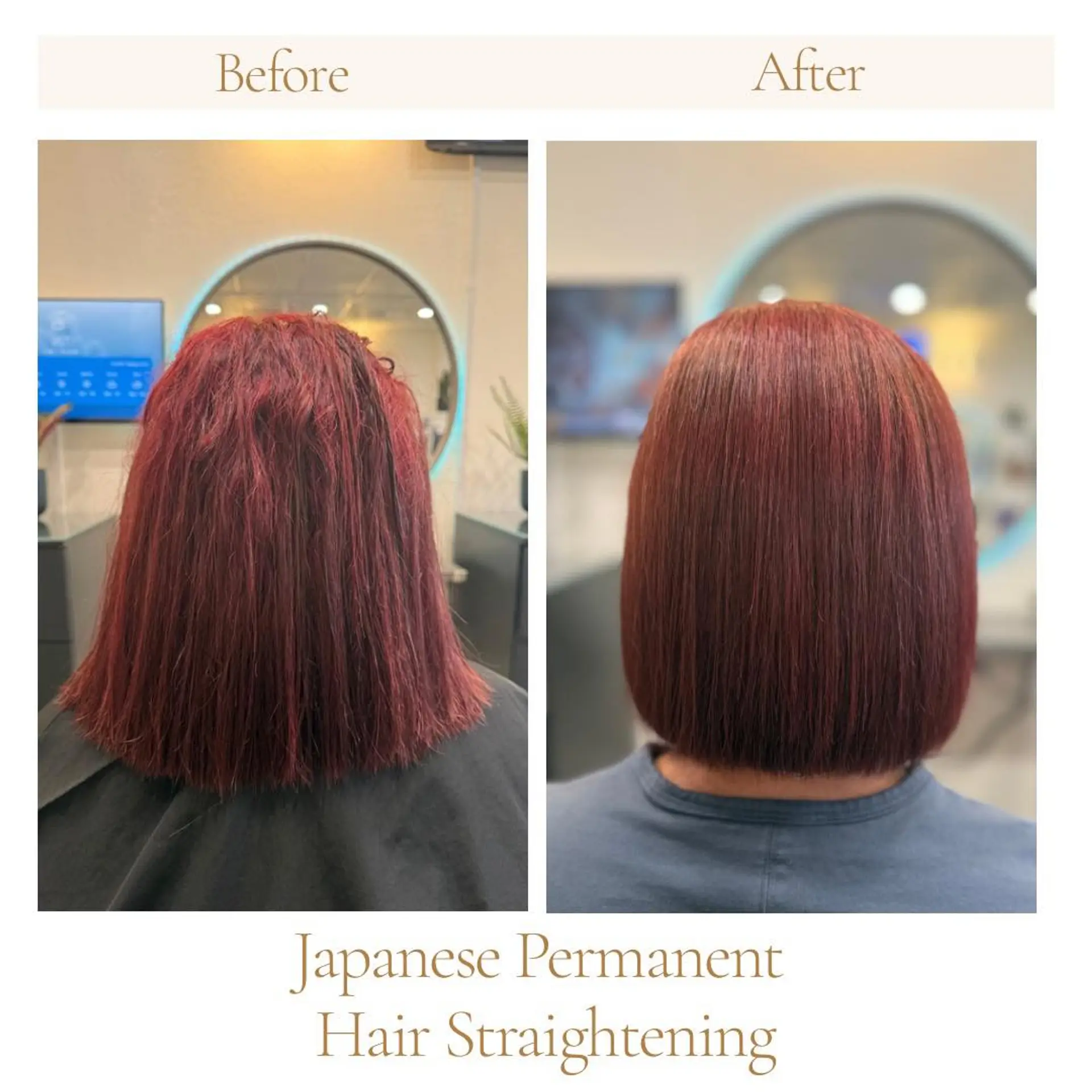 A sleek, smooth blunt bob with vibrant red tones achieved after a Japanese permanent hair straightening treatment. 1