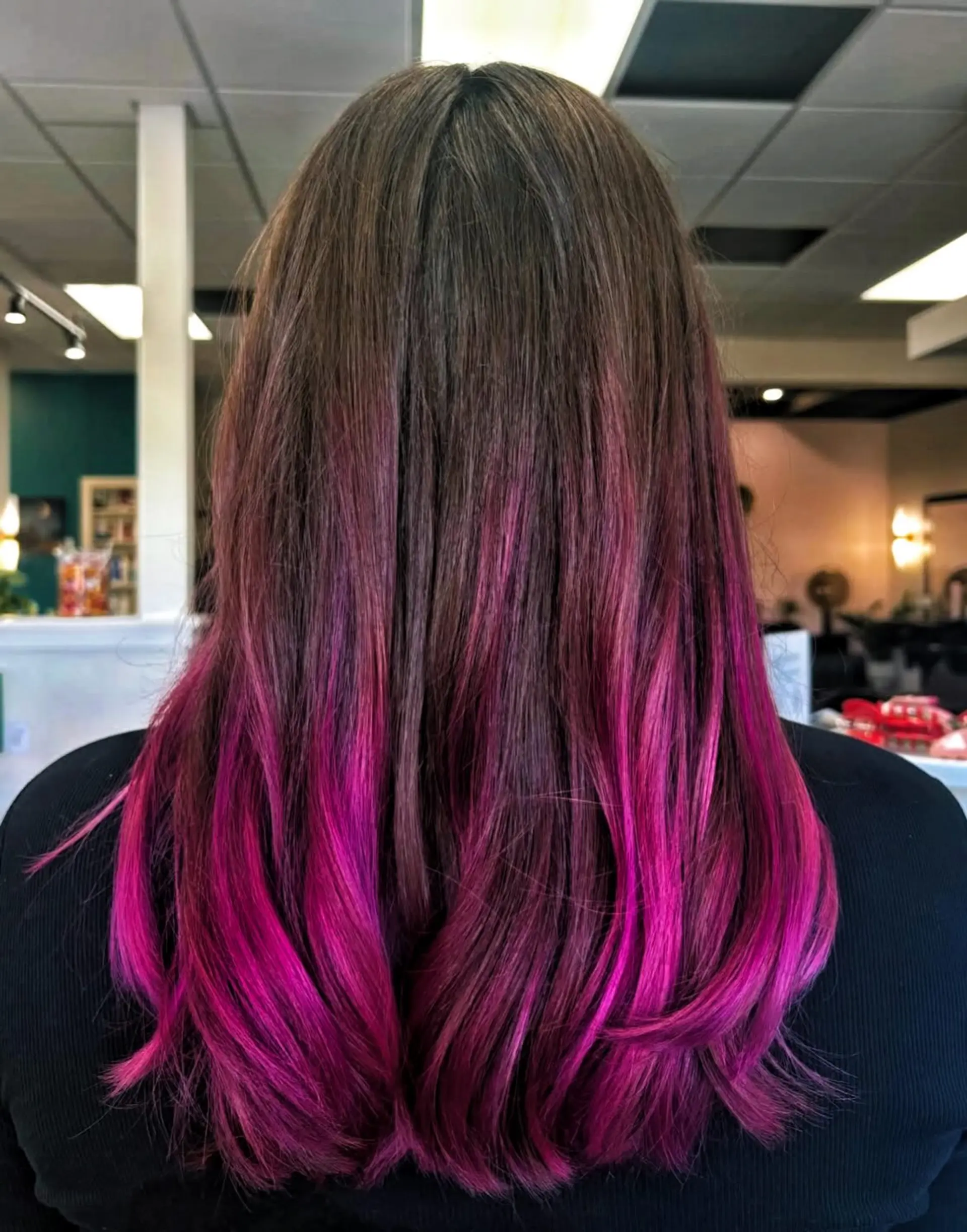 Long brown hair seamlessly transitioning into vibrant vivid magenta and fuchsia ends with subtle wave. 1
