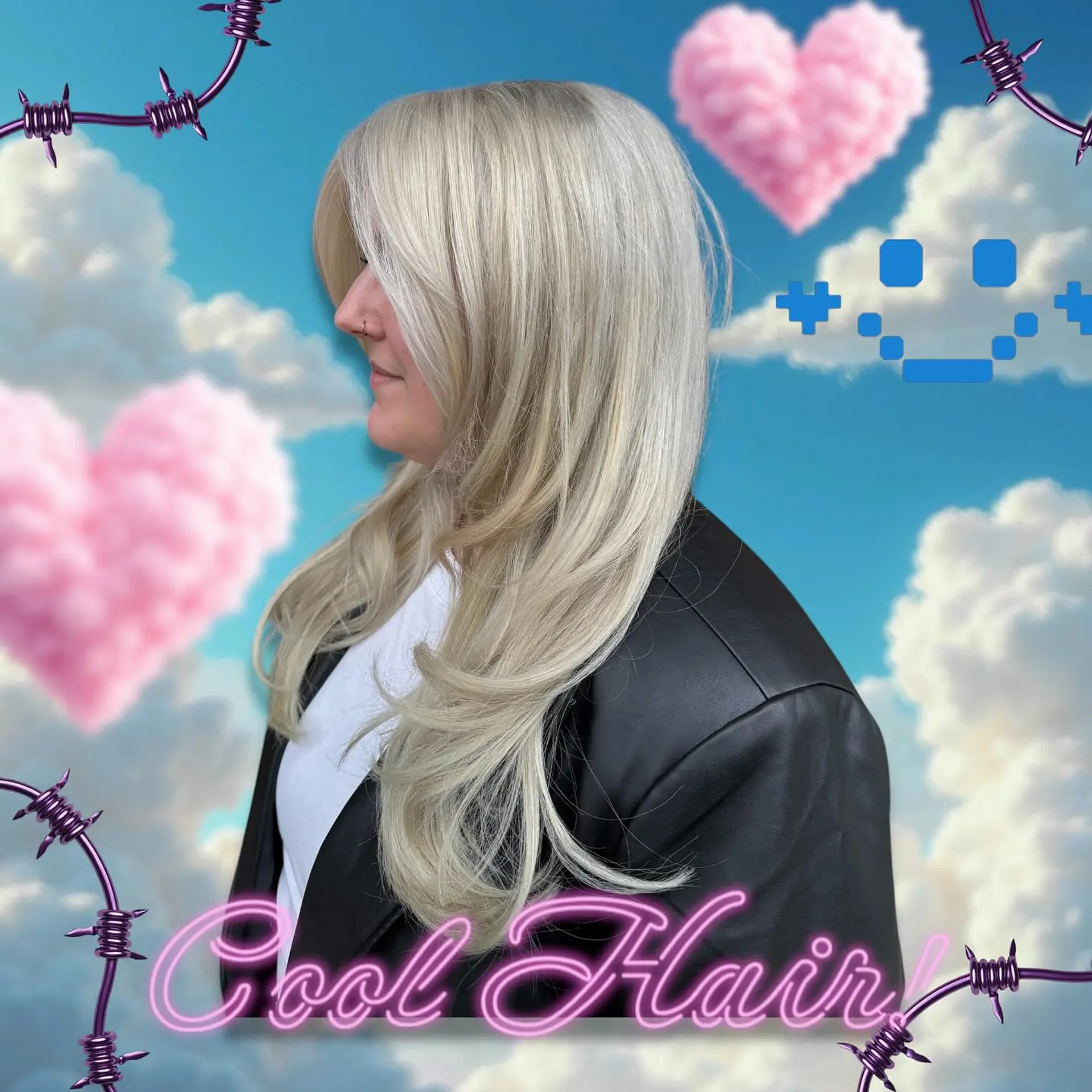 Long platinum blonde hair styled in smooth layers with soft face-framing fringe and flipped ends. 1