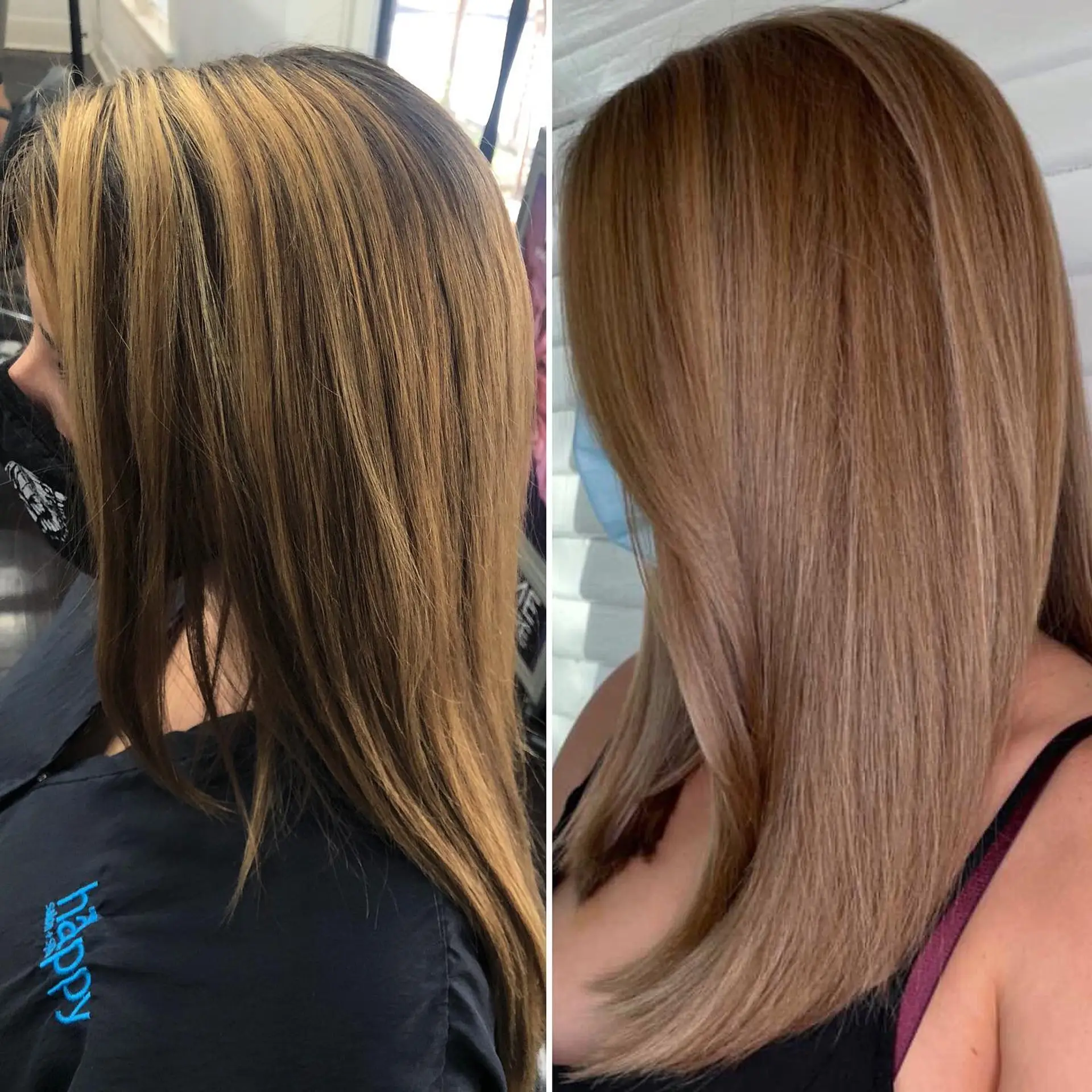 A side-by-side before-and-after transformation featuring finely blended, soft beige babylights styled smooth and sleek. 1