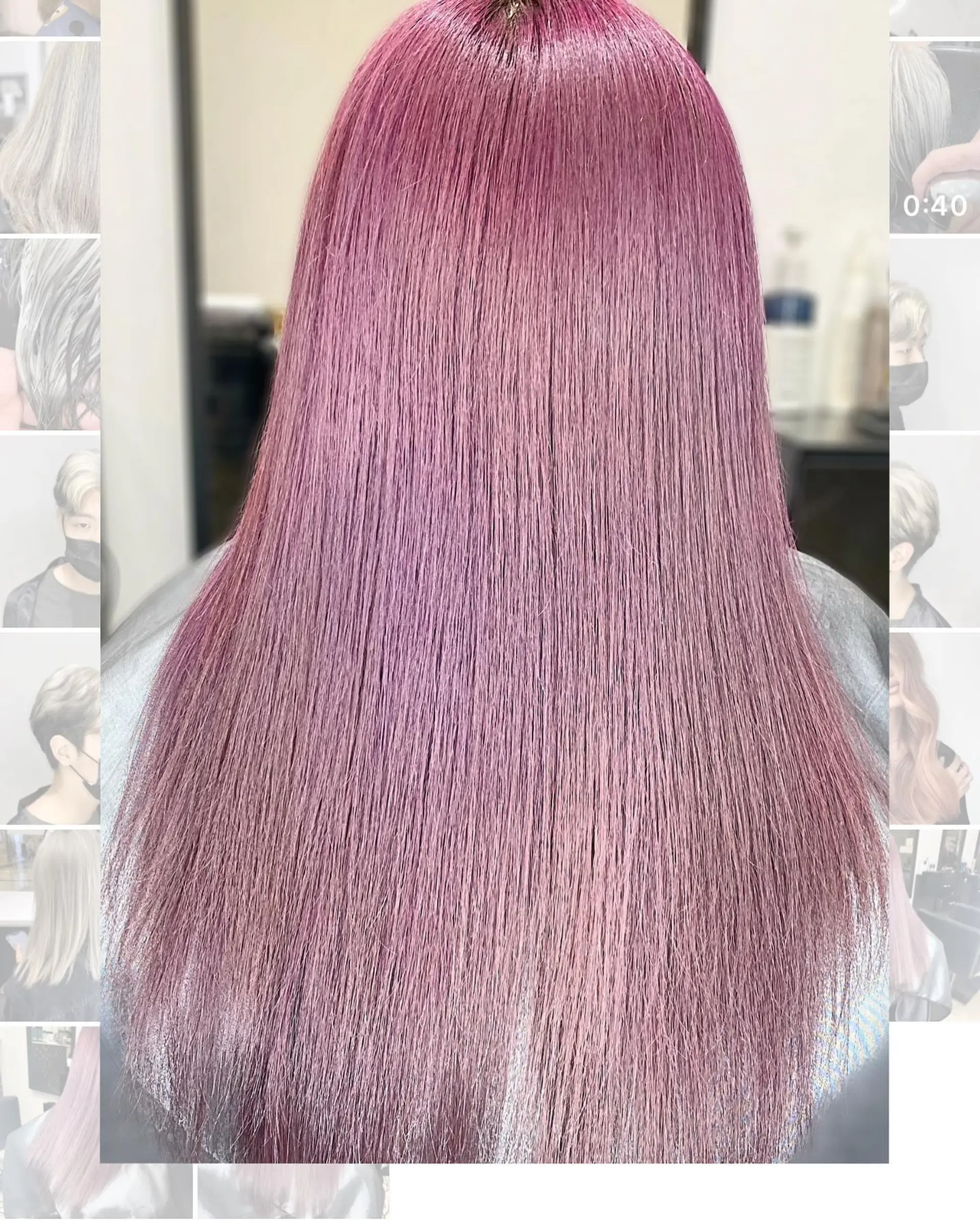 Long, straight hair with a single process pastel mauve color. 1