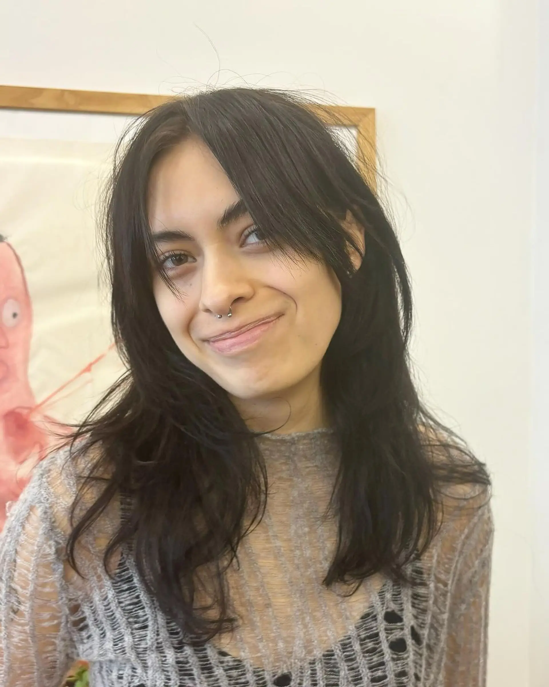 Medium-length, straight black hair with soft layers and a side-swept fringe that frames the face, offering a natural, casual look. Haircut by @takeohair 2