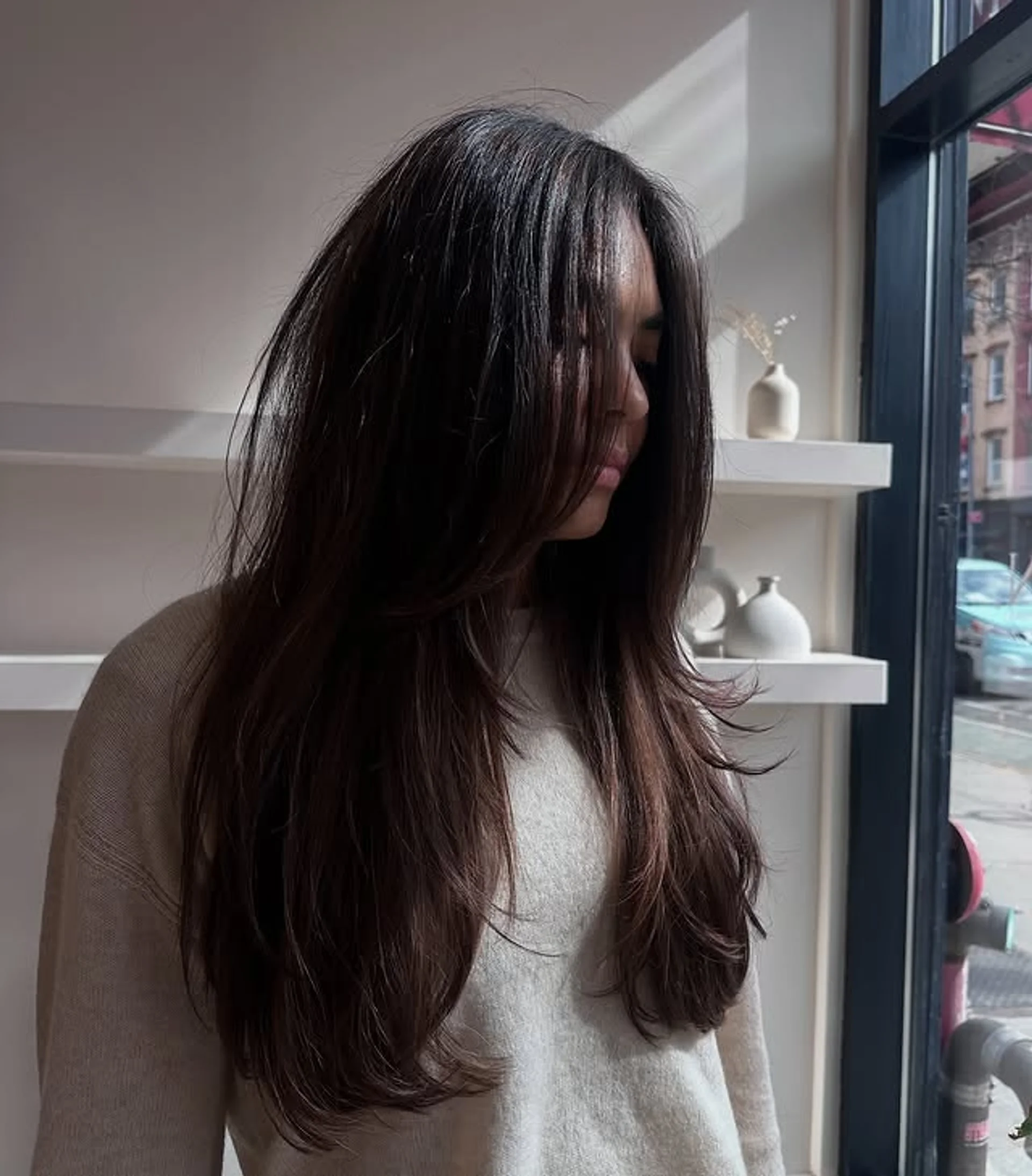 Sleek brunette lob with face-framing bangs, illustrating biologically achieved glass hair. - Preview 3