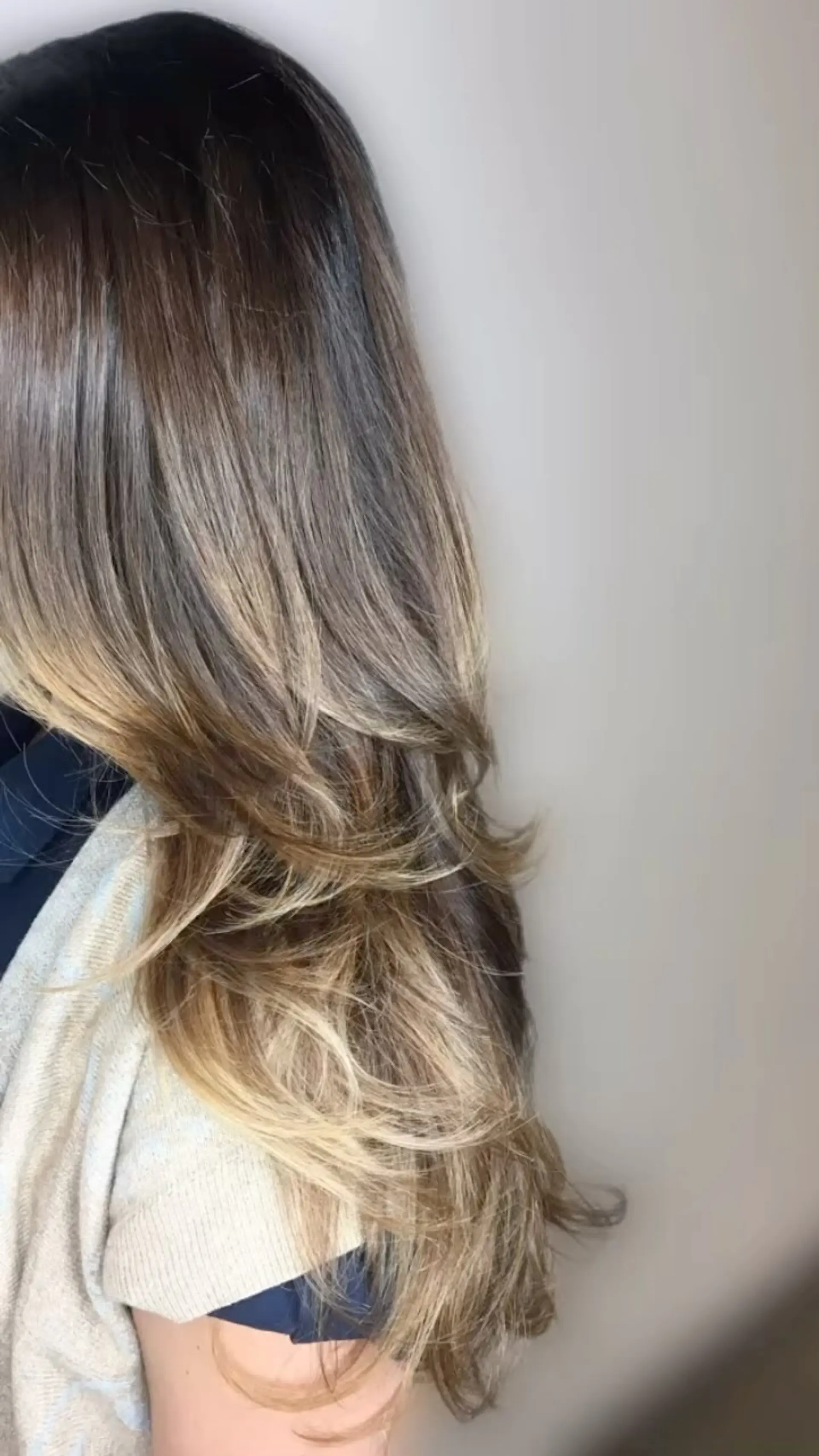 Long dimensional brunette hair with soft blonde balayage highlights cut into cascading layers and styled with a blowout. 1