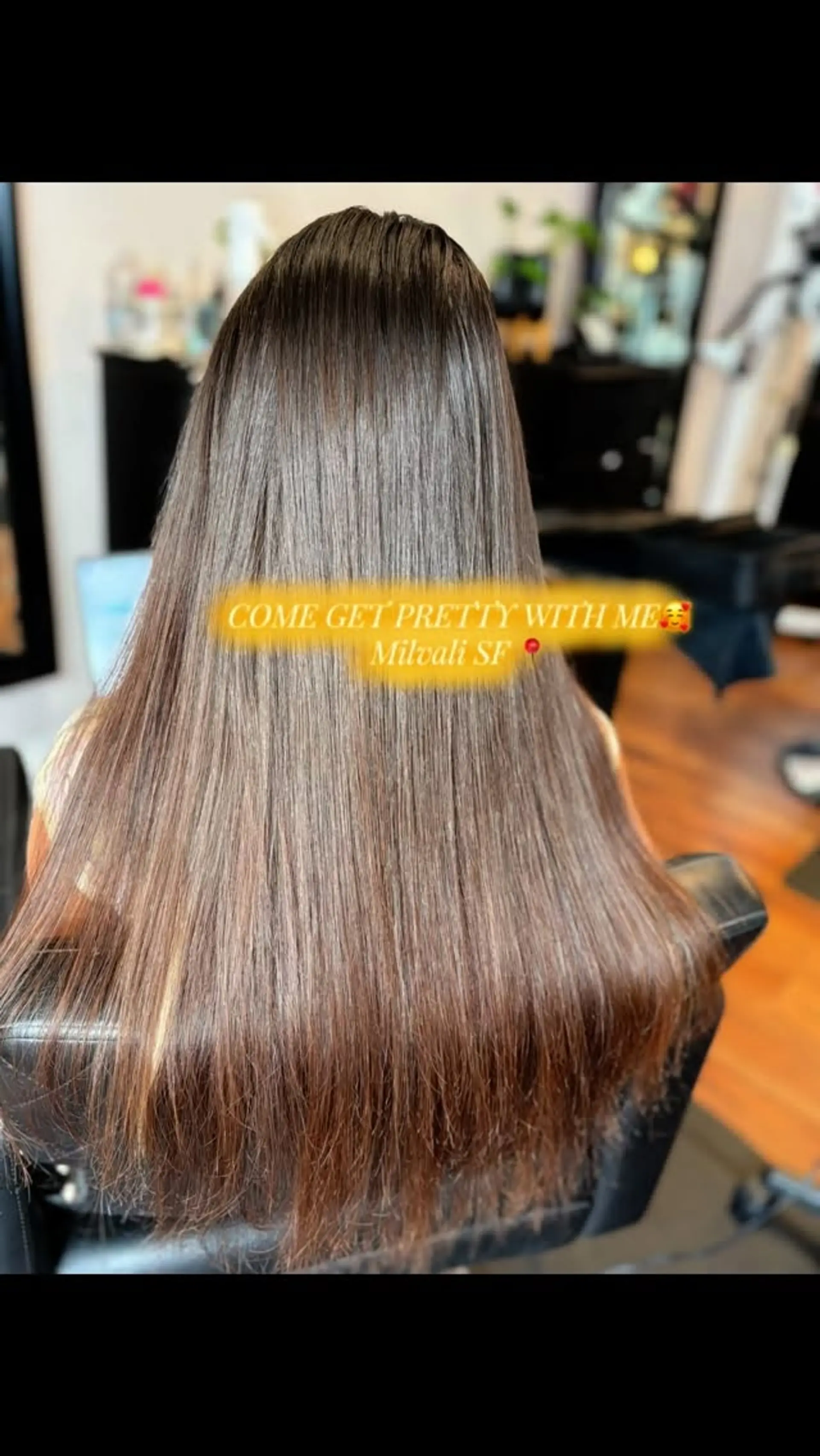 Silky, sleek long straight brunette hair enhanced with seamless I-tip extensions. 1