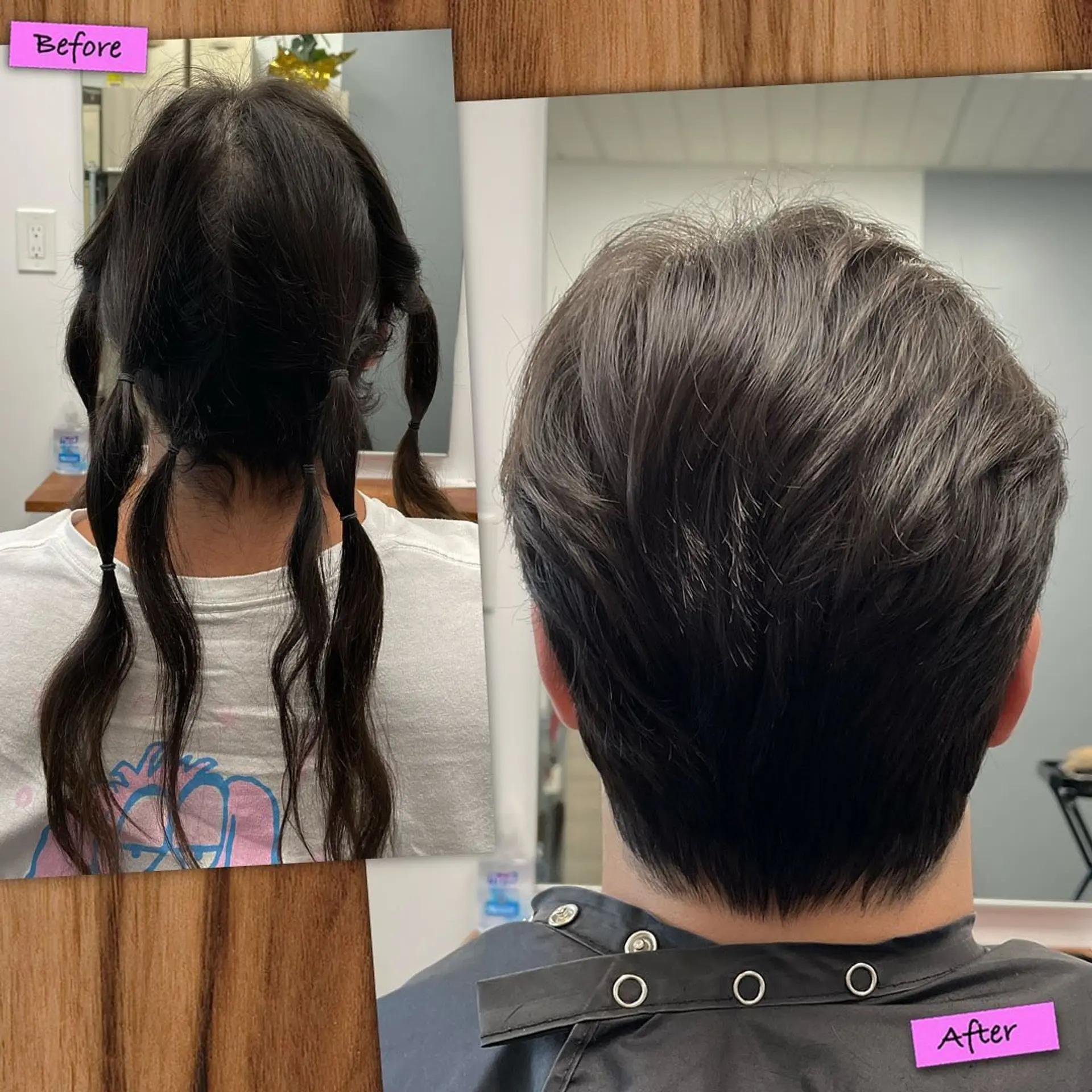 A dramatic hair donation transformation from long lengths into a neatly tapered, layered short crop. 1