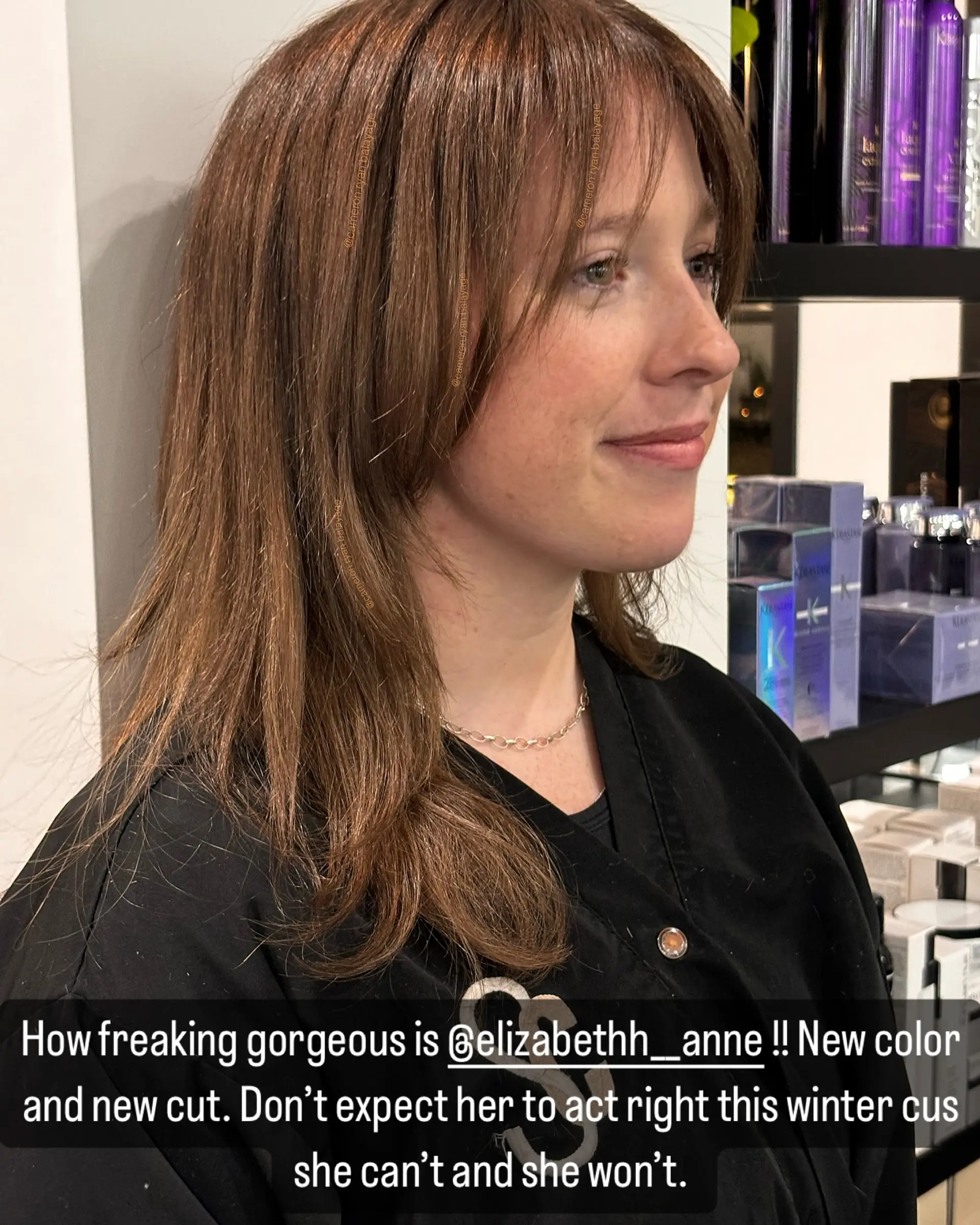 Medium-length light brown layered cut featuring soft, wispy bangs and gentle face-framing layers. 1