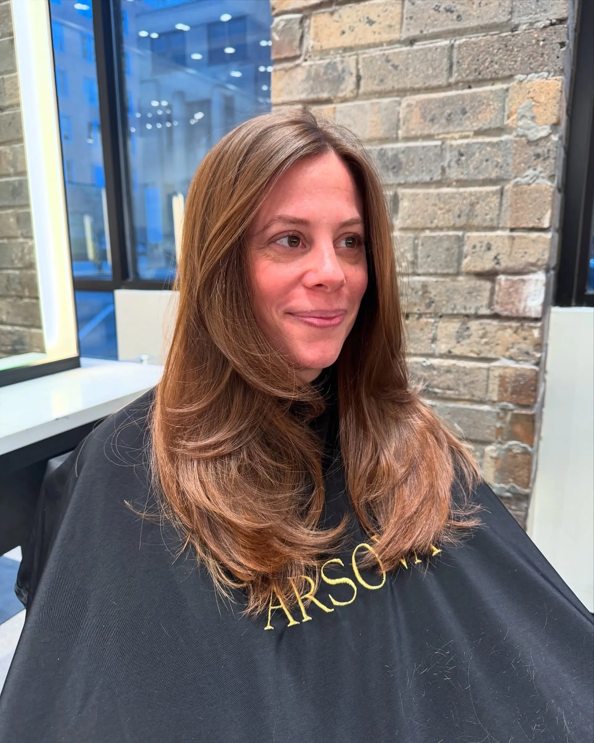 A medium-length, layered haircut with face-framing layers and a smooth blowout finish. 1