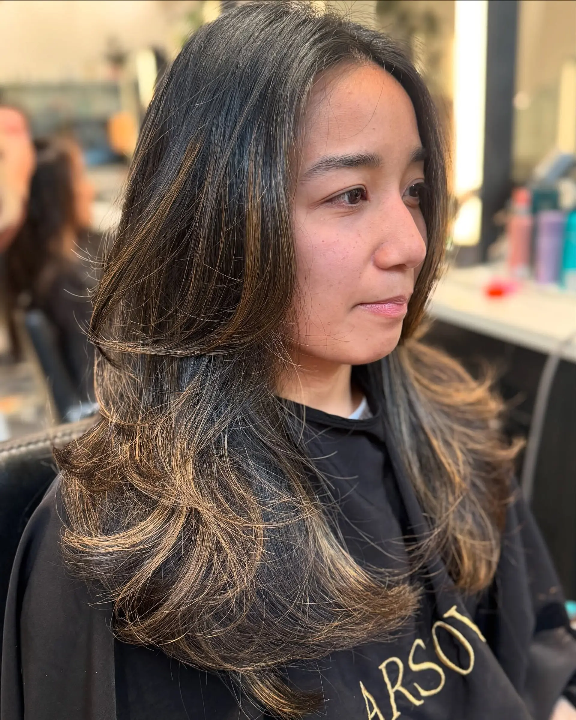 A medium-length, layered haircut with face-framing layers and a smooth blowout finish. 6
