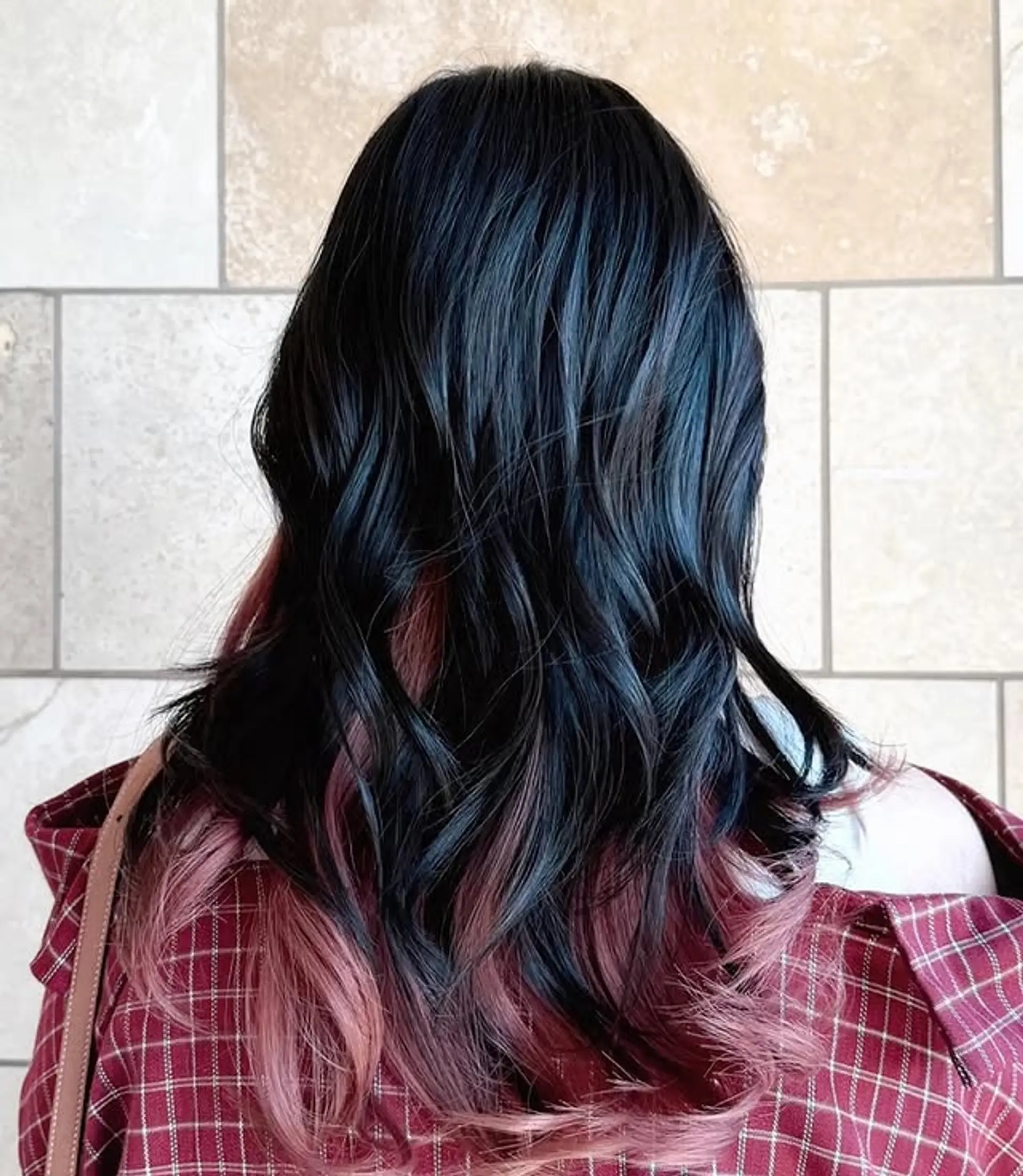 A long, wavy hairstyle with a contrasting dip dye effect. 1