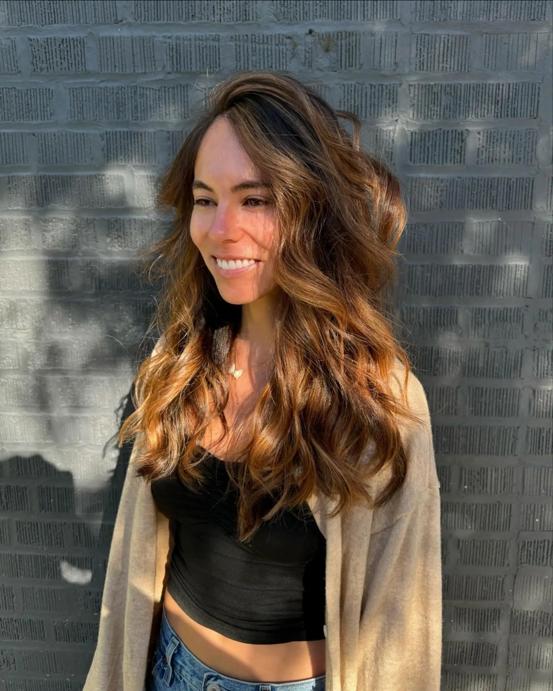 Long, wavy hair with a rich brown base and honey blonde highlights, creating a voluminous, sun-kissed effect with natural waves and a layered textured look. 1