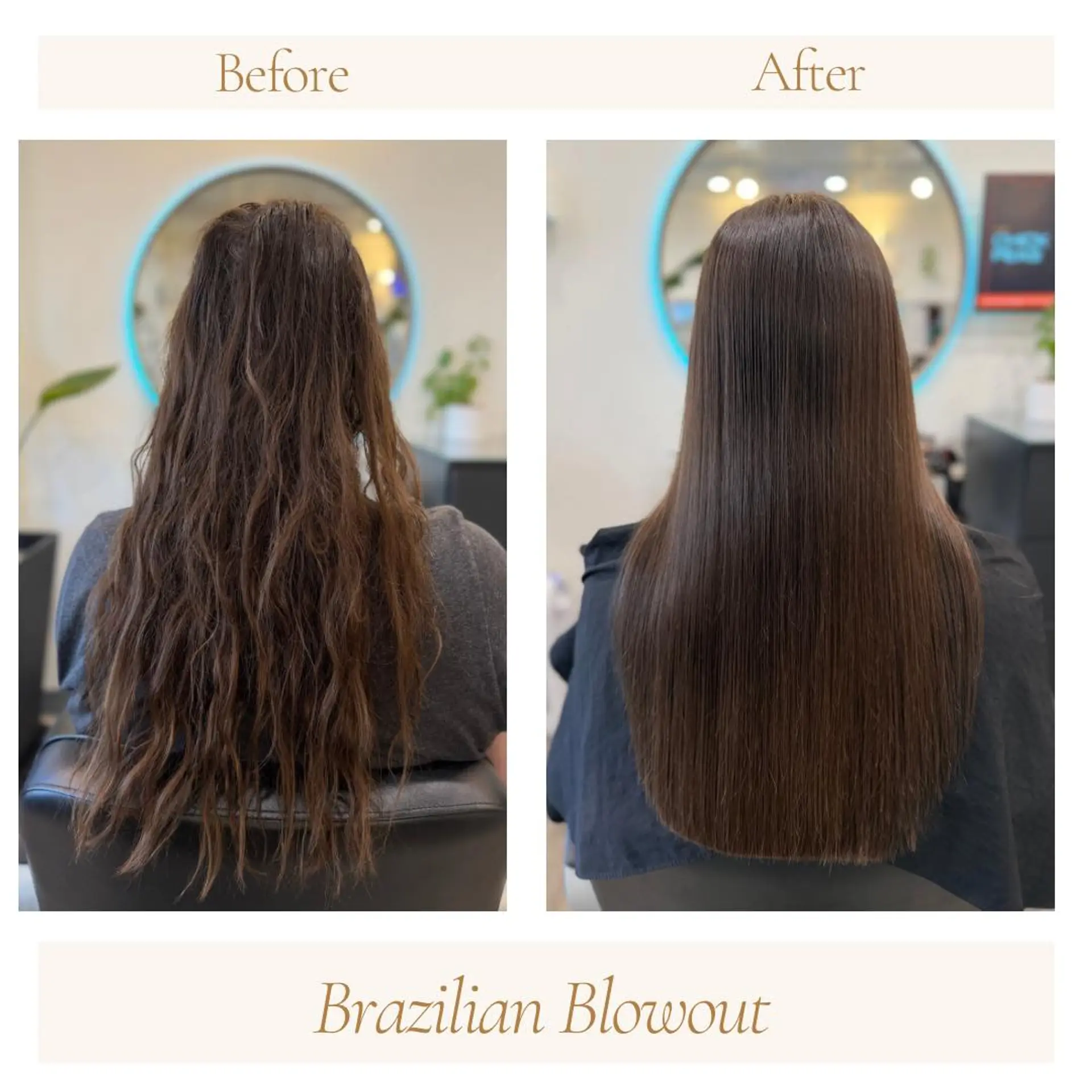 A sleek, glossy Brazilian Blowout transformation turning frizzy wavy hair into smooth, straight locks. 1