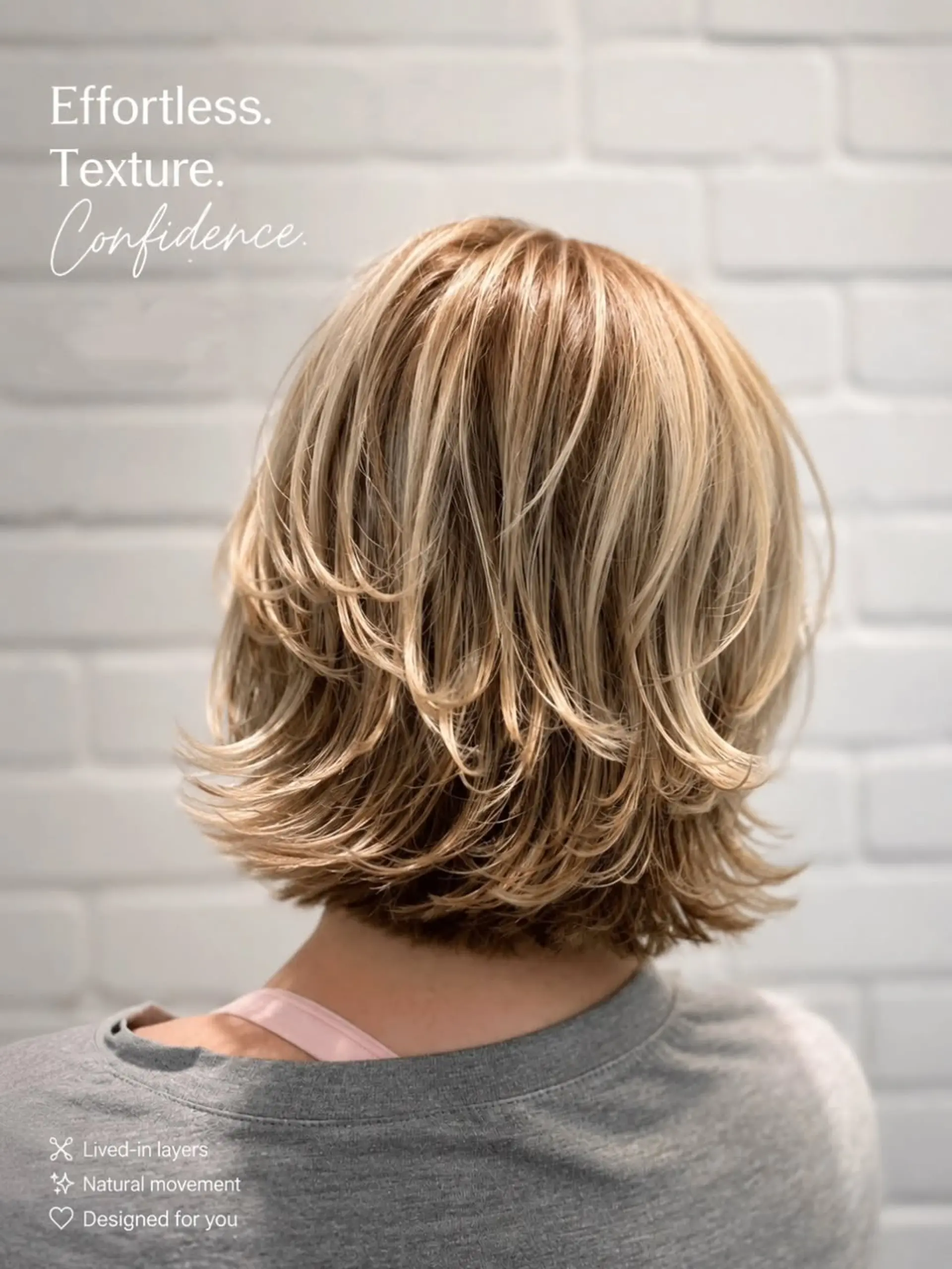 A textured layered bob featuring soft, flicked ends and multi-dimensional blonde highlights. 1