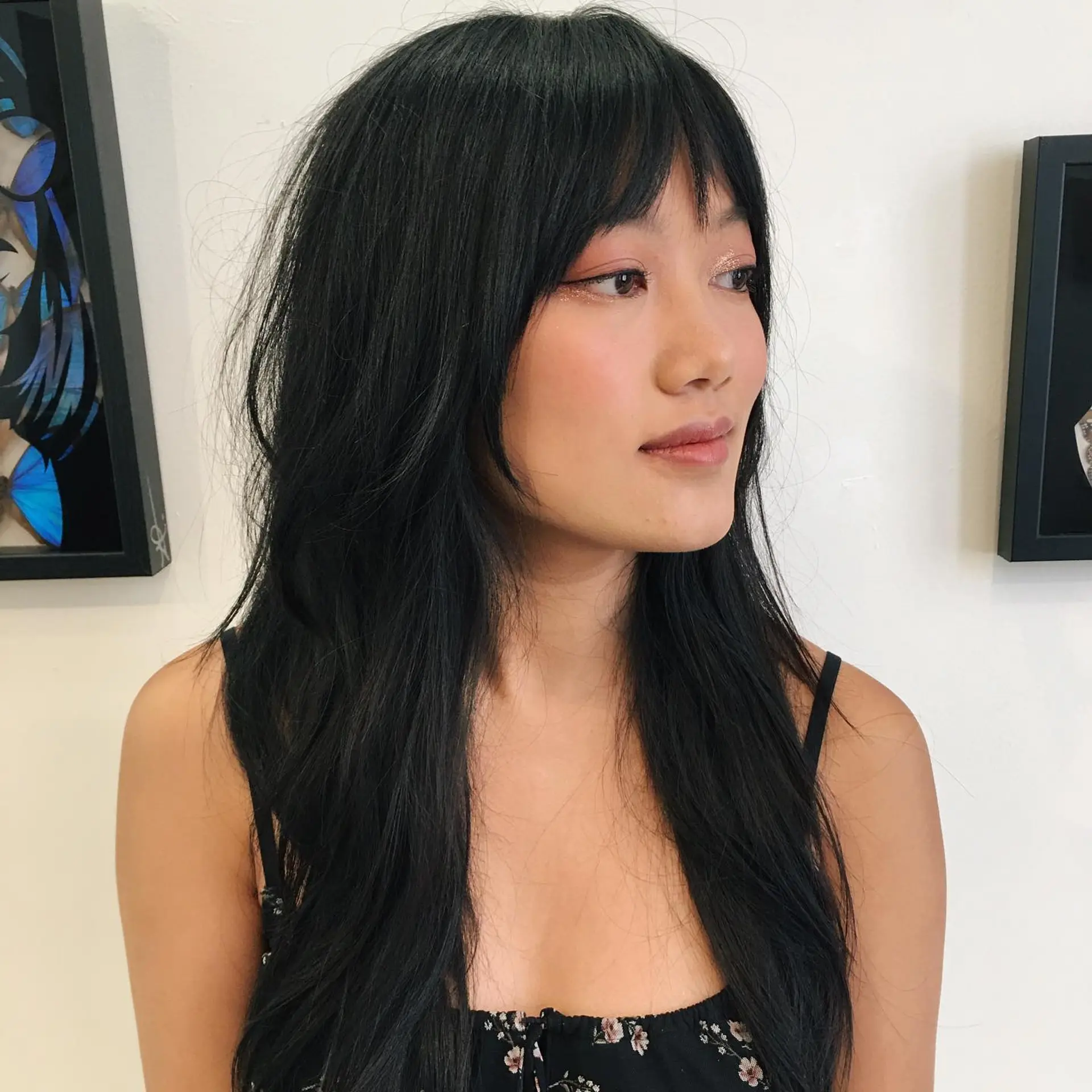 A long black shag haircut featuring wispy curtain bangs and soft, face-framing layers. 1