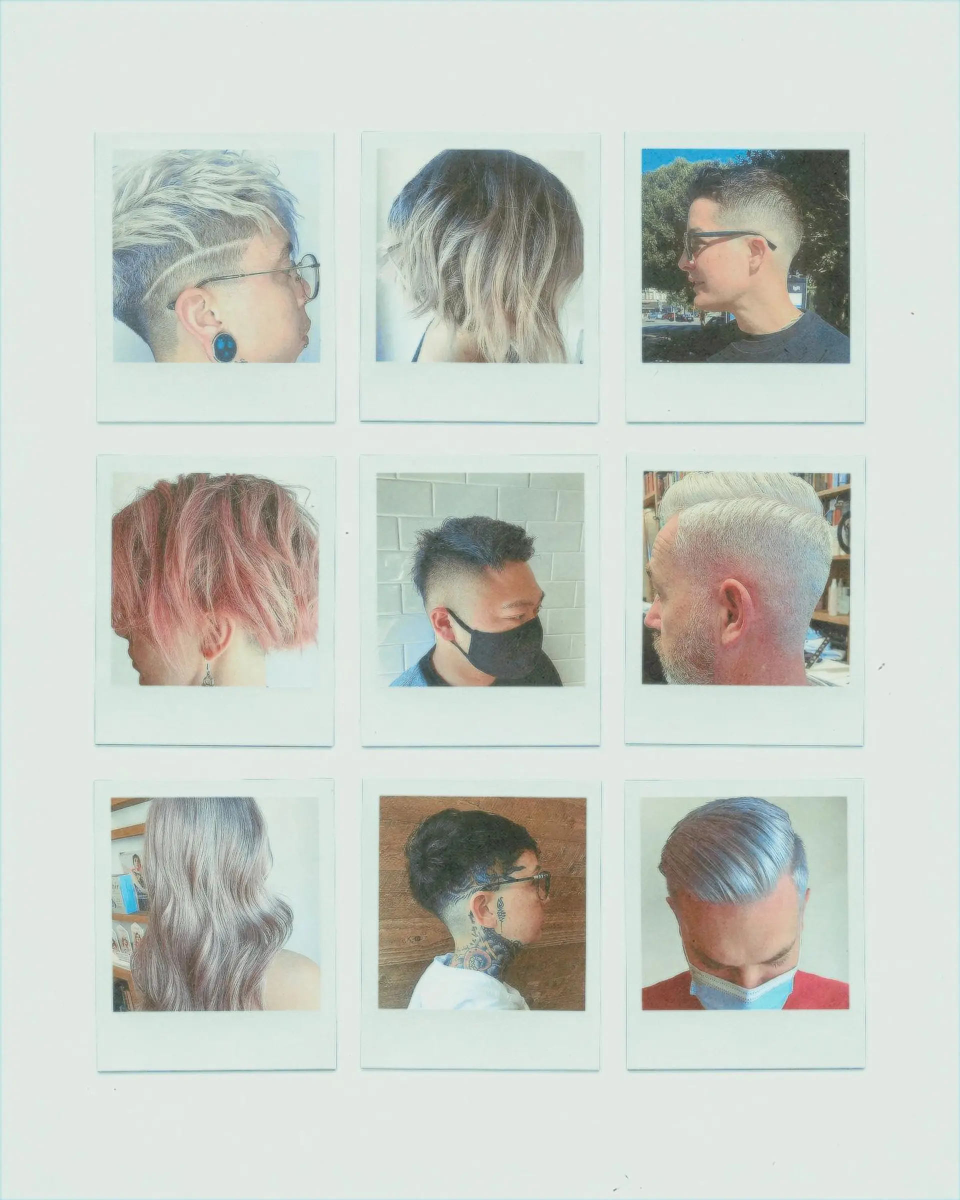 A collage of various modern short haircuts, fades, and creative color styles. 1