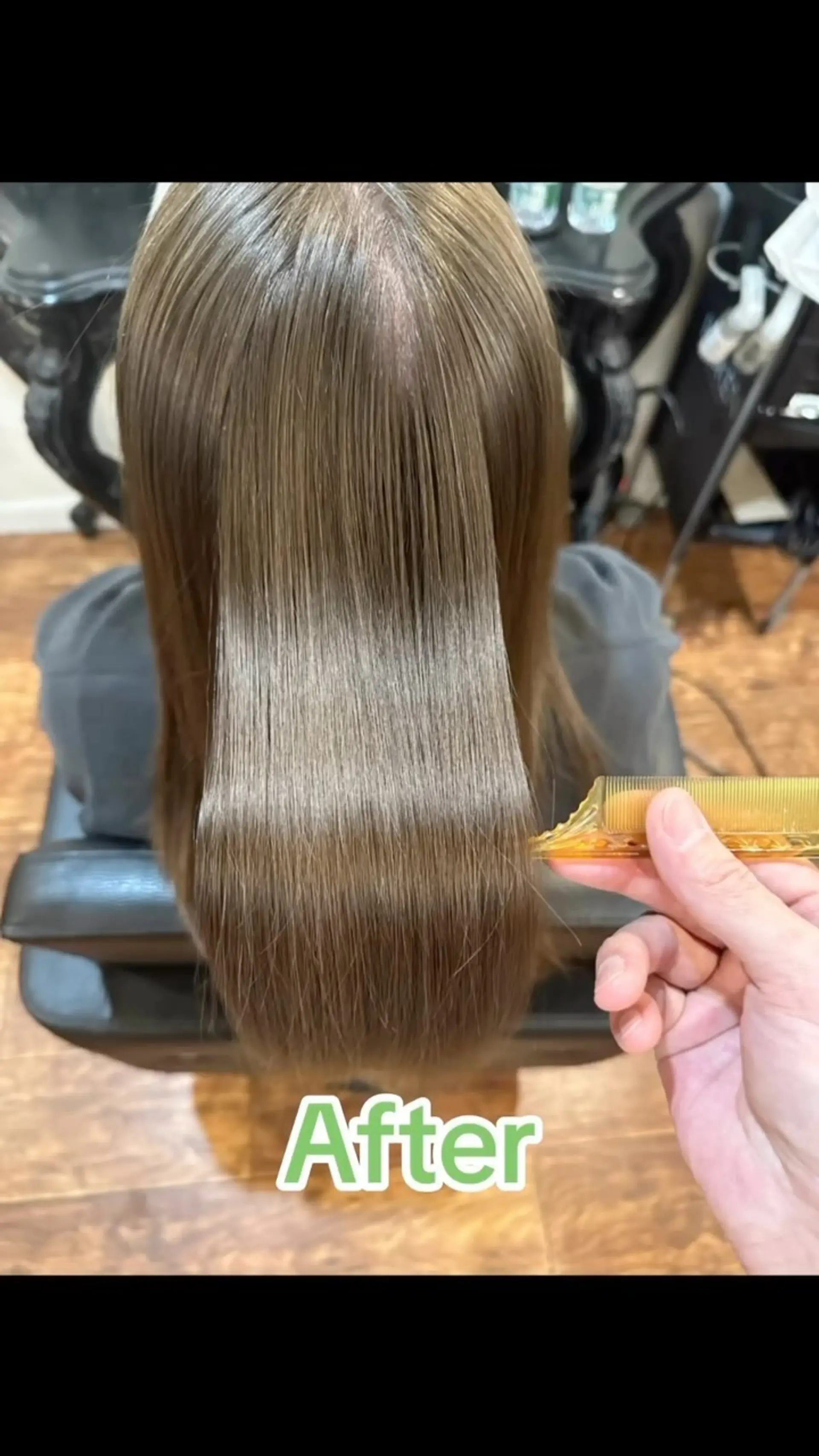 Ultra-sleek, silky straight hair combed through to show high-gloss shine and frizz-free texture. 1
