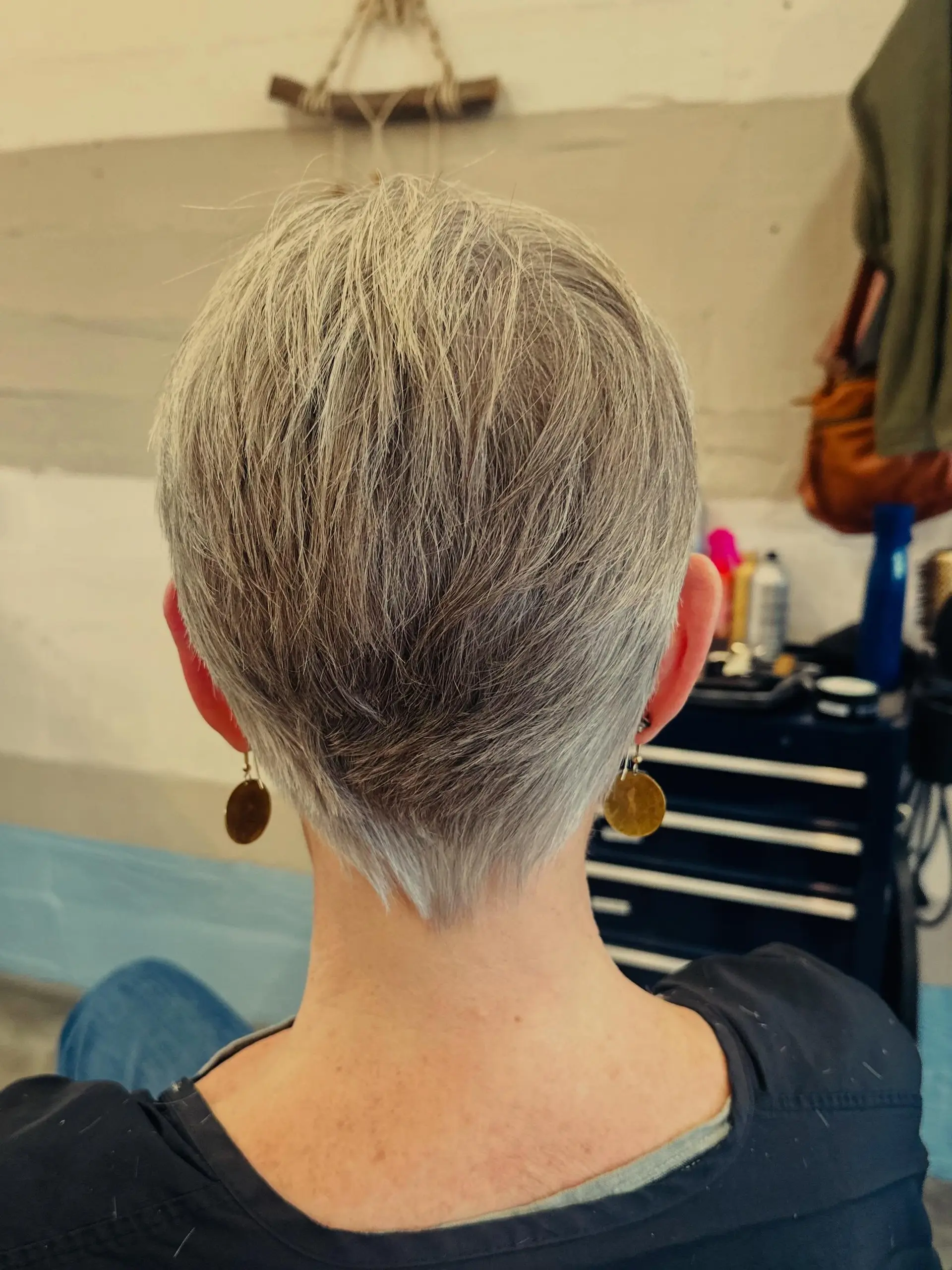 A textured short pixie haircut featuring subtle layering throughout the crown and a soft, tapered V-shaped nape. 1