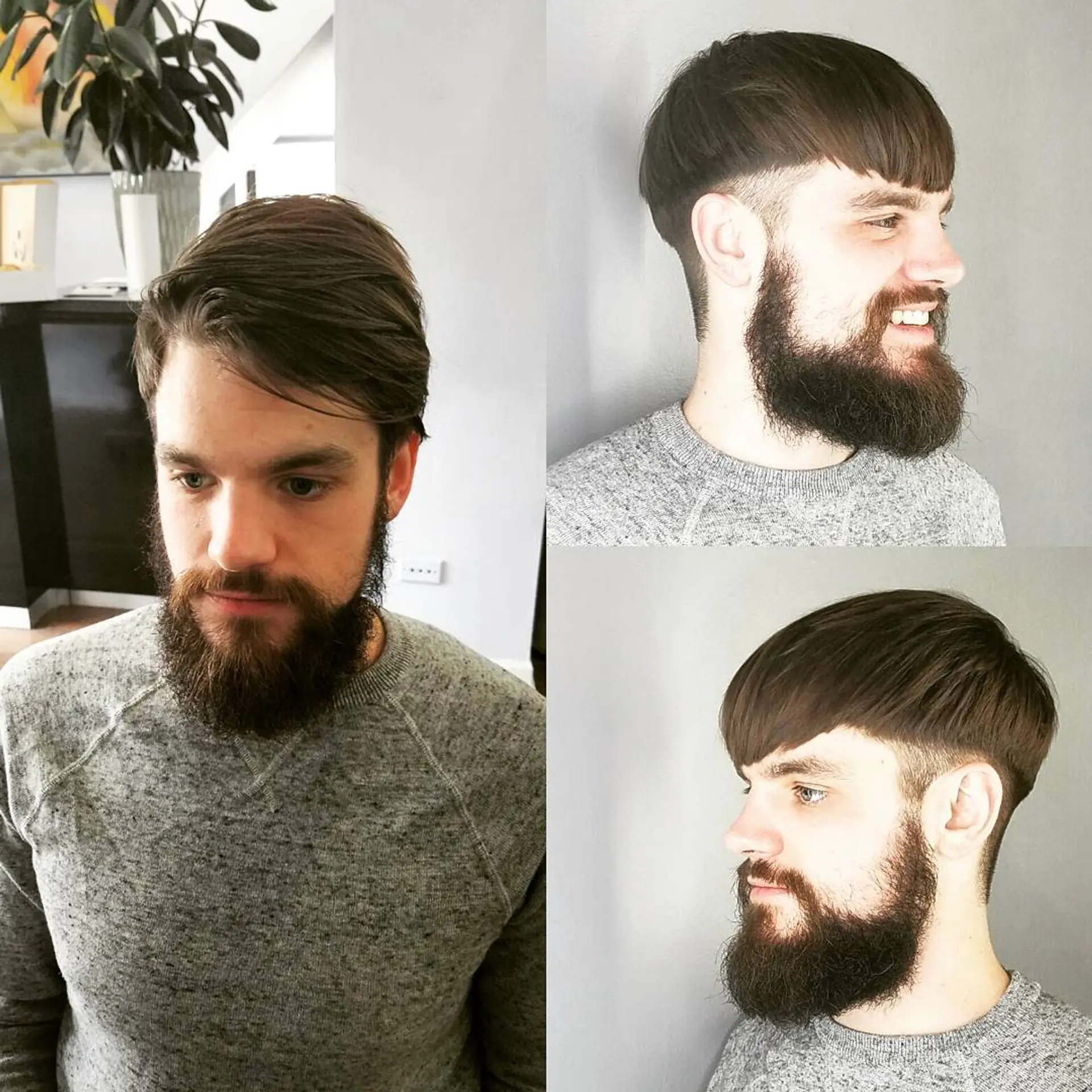 A modern bowl cut featuring a sharp blunt fringe line disconnected over a high undercut fade, paired with a full beard. 1