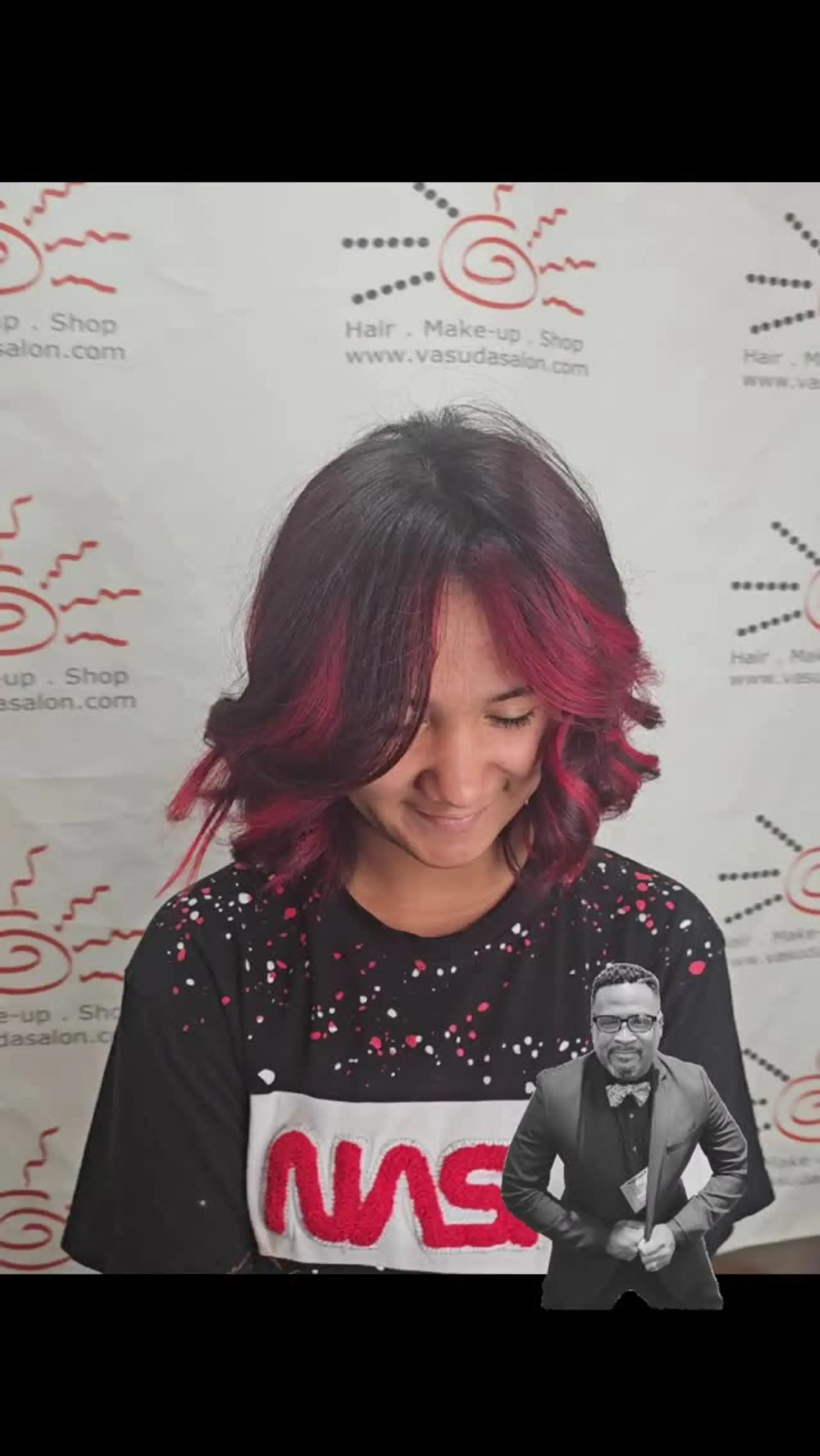A shoulder-length wavy bob featuring rich dark brown hair accented with vibrant red highlights around the face. 1