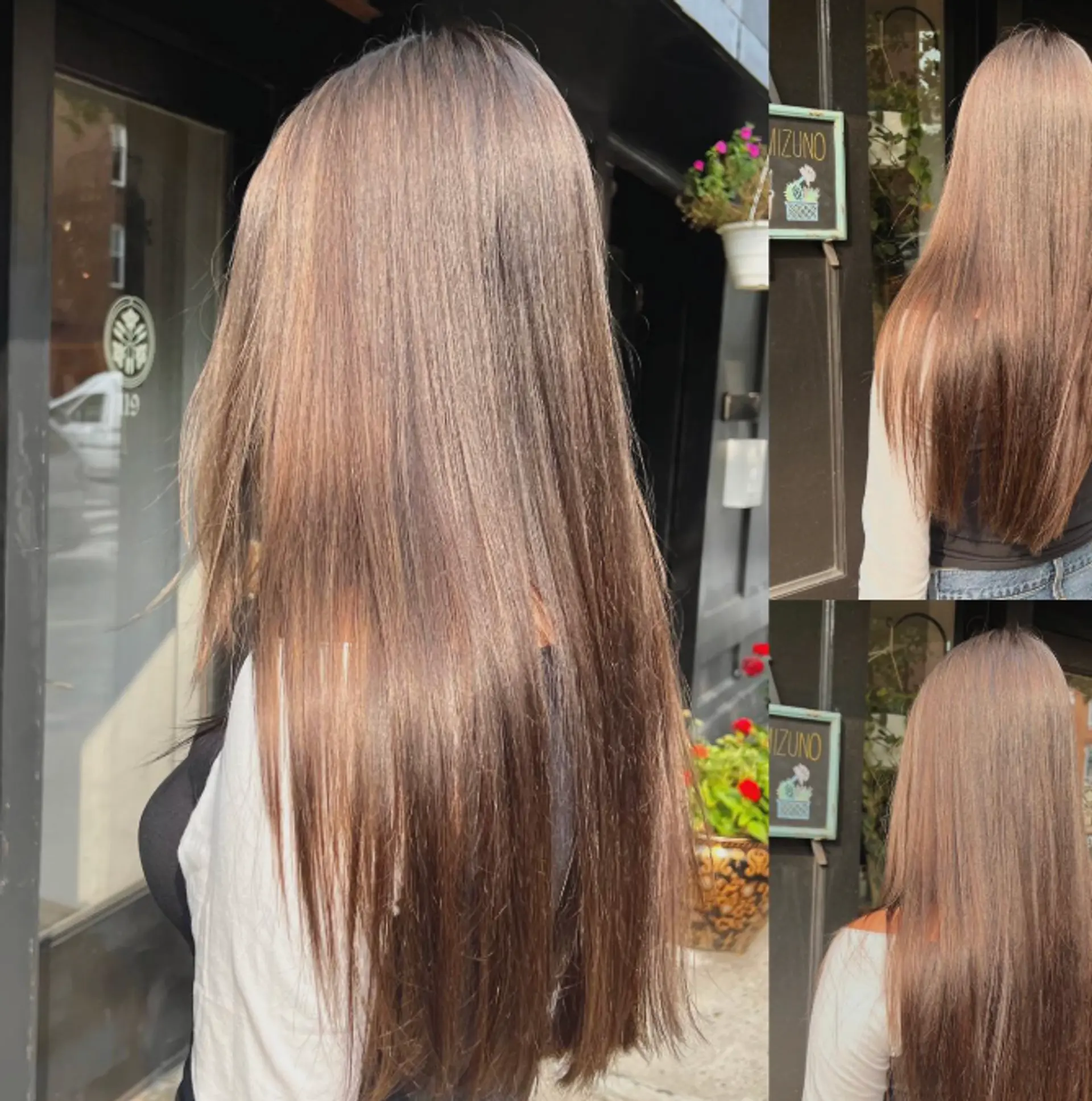 A long, straight, and sleek hairstyle with a bronde color and subtle face-framing layers. 1