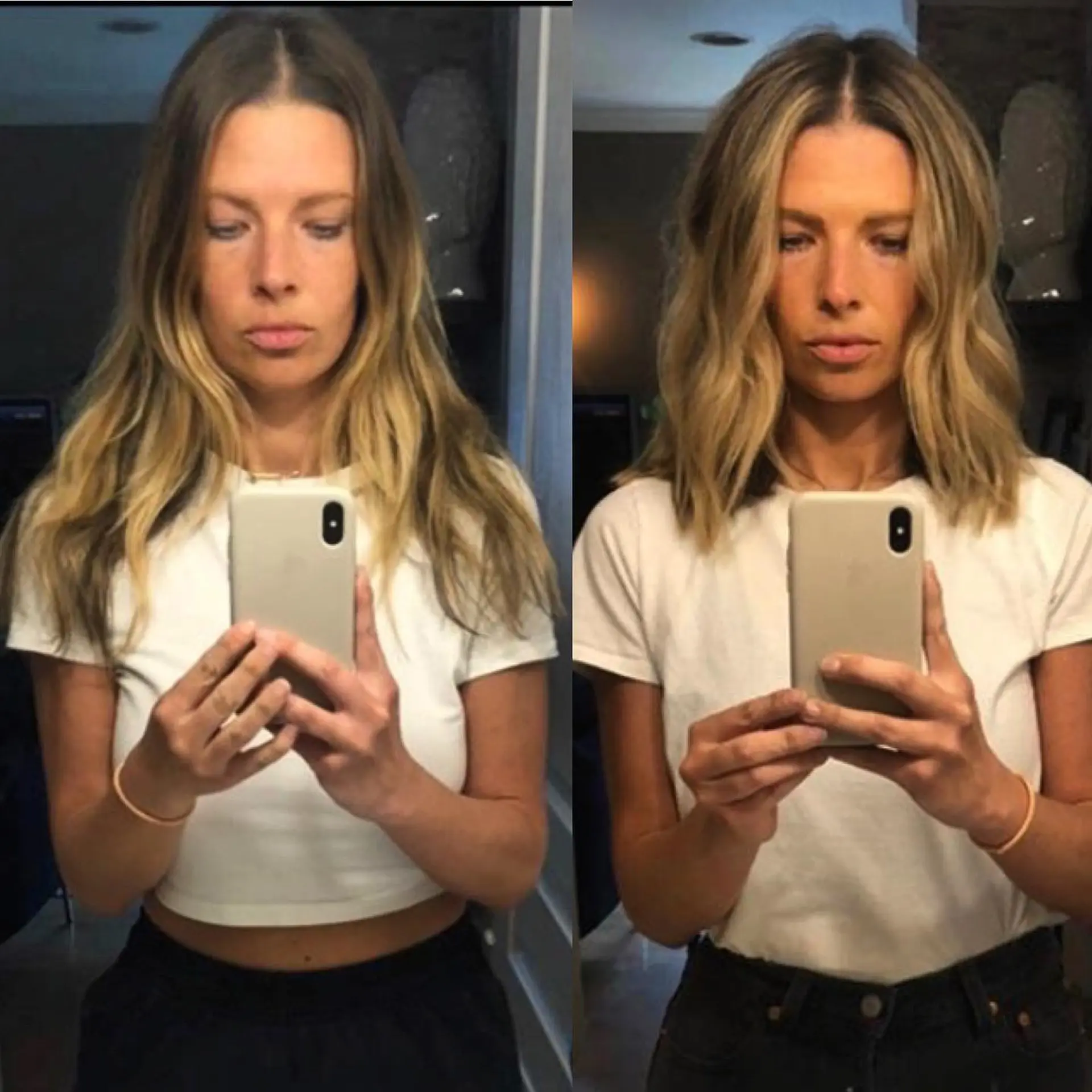 A textured collarbone-length lob haircut styled in soft, undone waves with a dimensional blonde balayage. 1