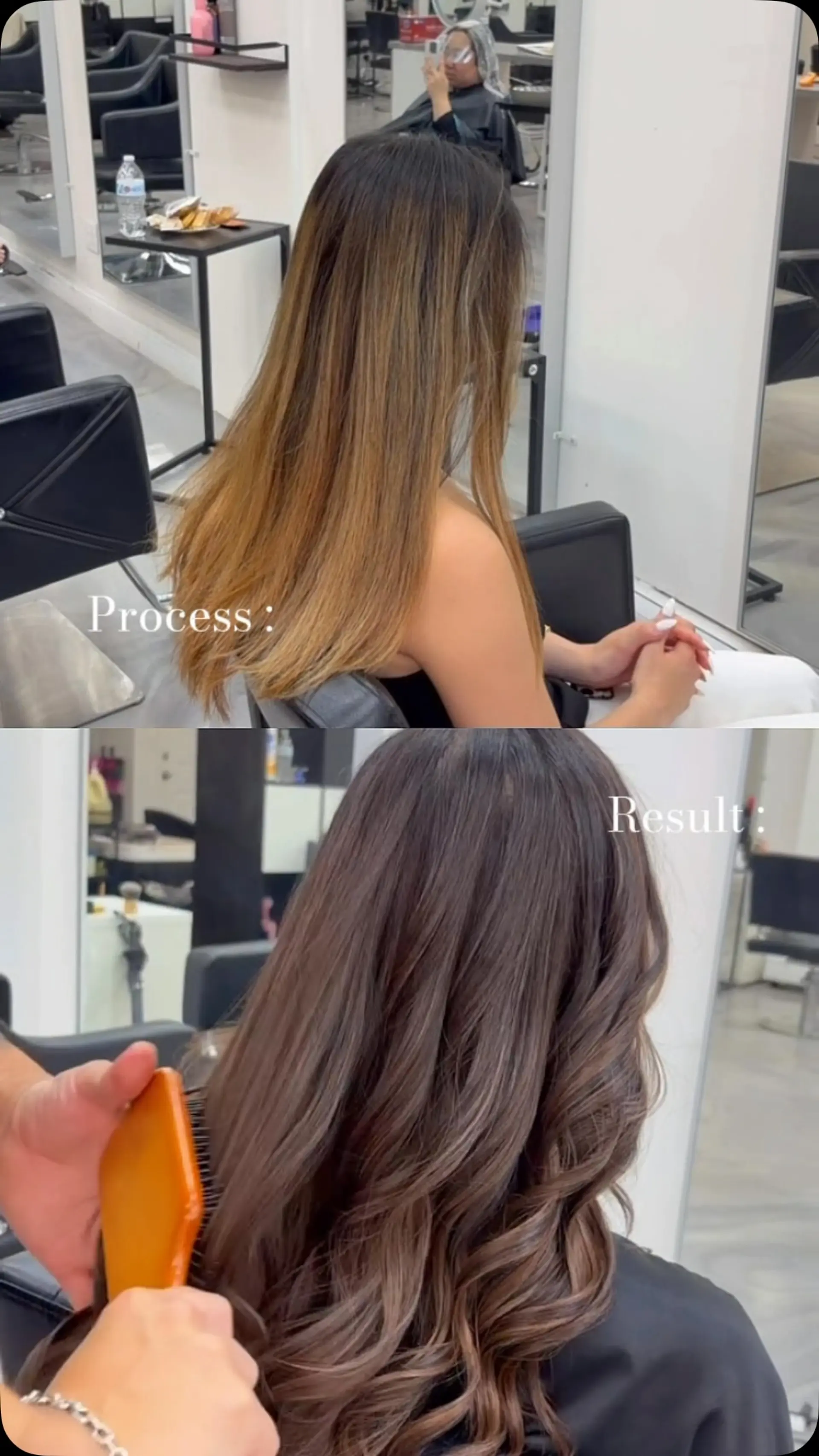 A long, cool-toned ash brunette balayage styled with soft, glossy waves. 1