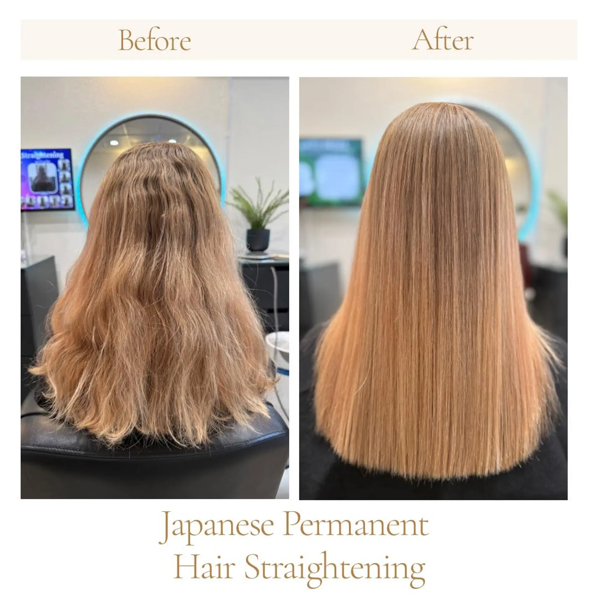 A sleek, pin-straight finish transforming frizzy, wavy blonde hair into a smooth and glossy look. 1