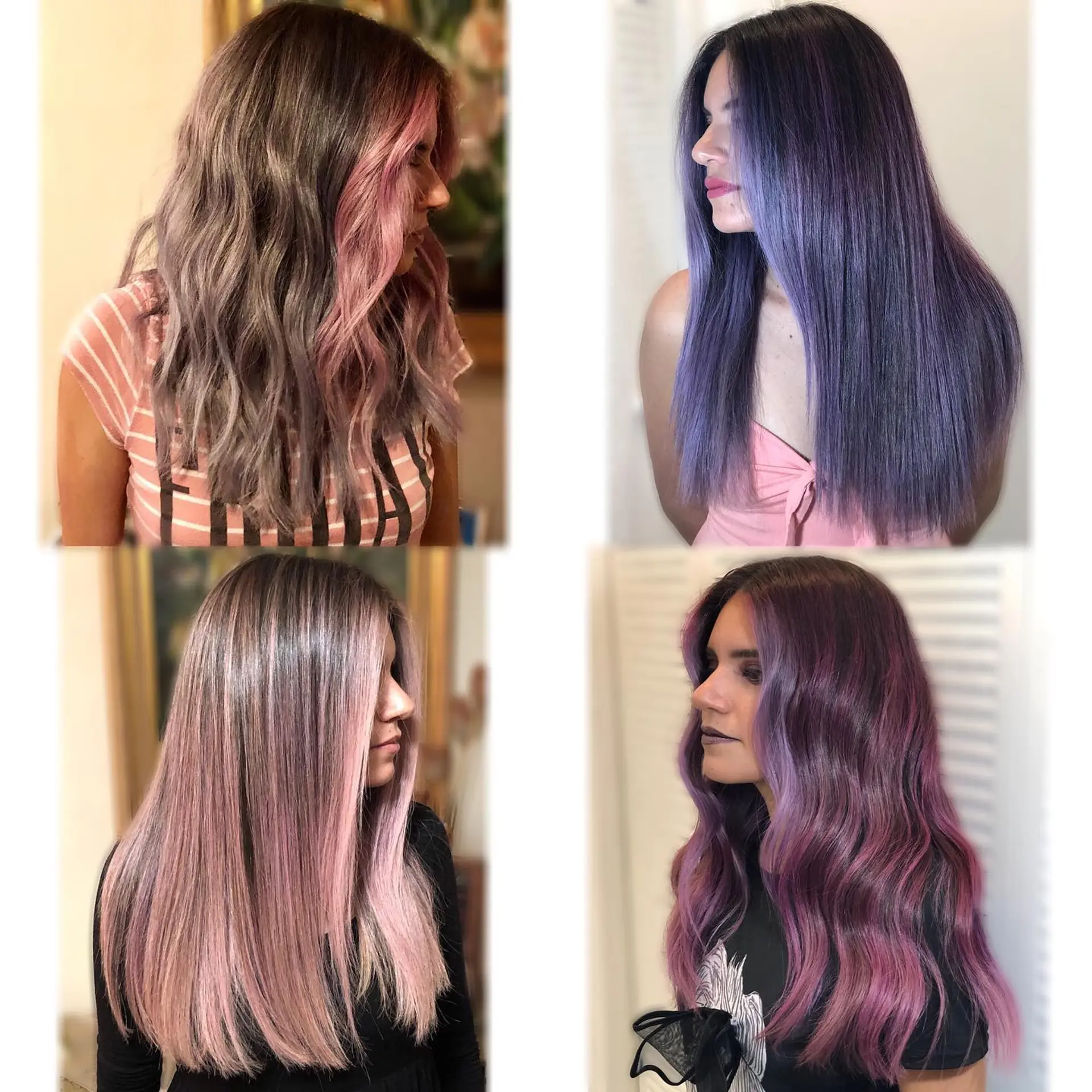 Long hair displayed across four pastel color transformations, featuring hues of soft pink, lavender, and purple styled in both sleek straight and soft wavy finishes. 1