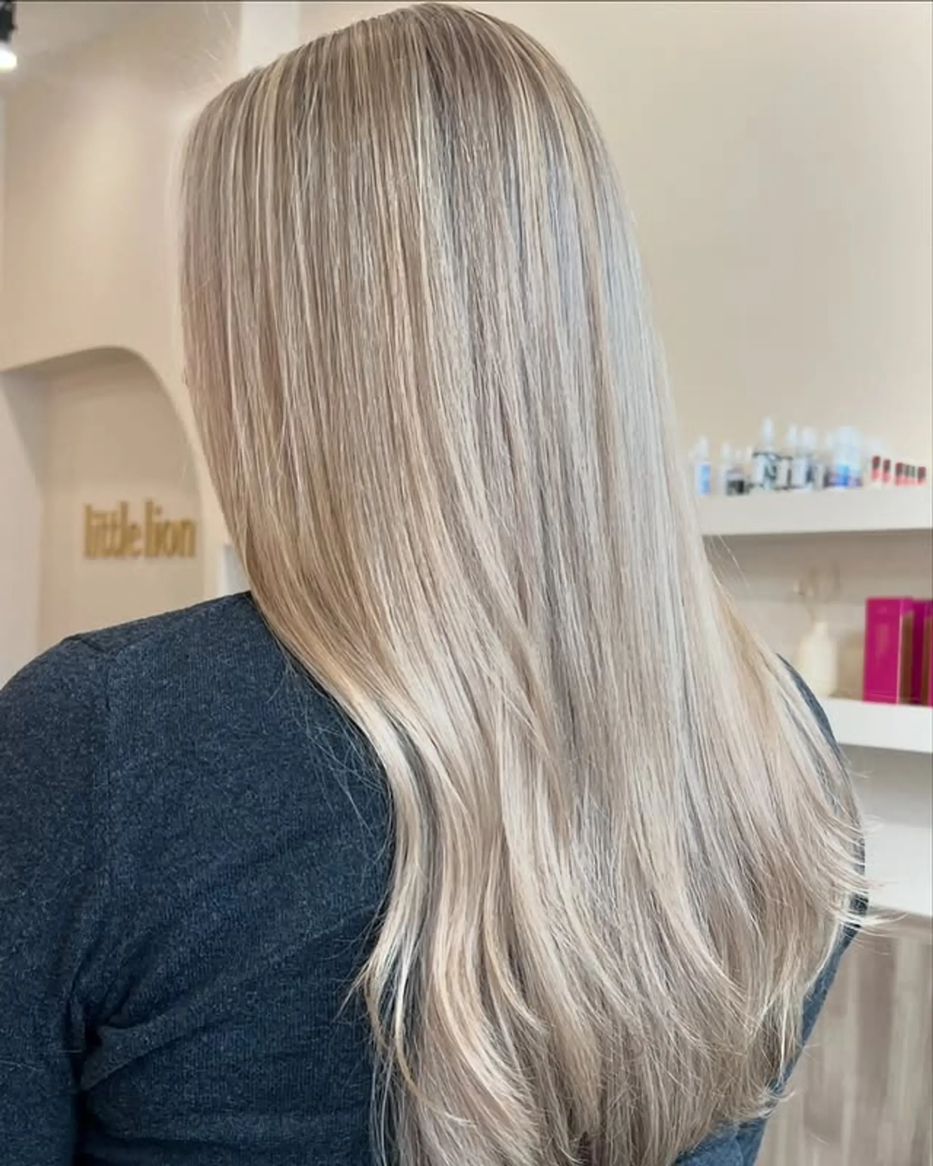 Long, straight hair with a blonde balayage. 1