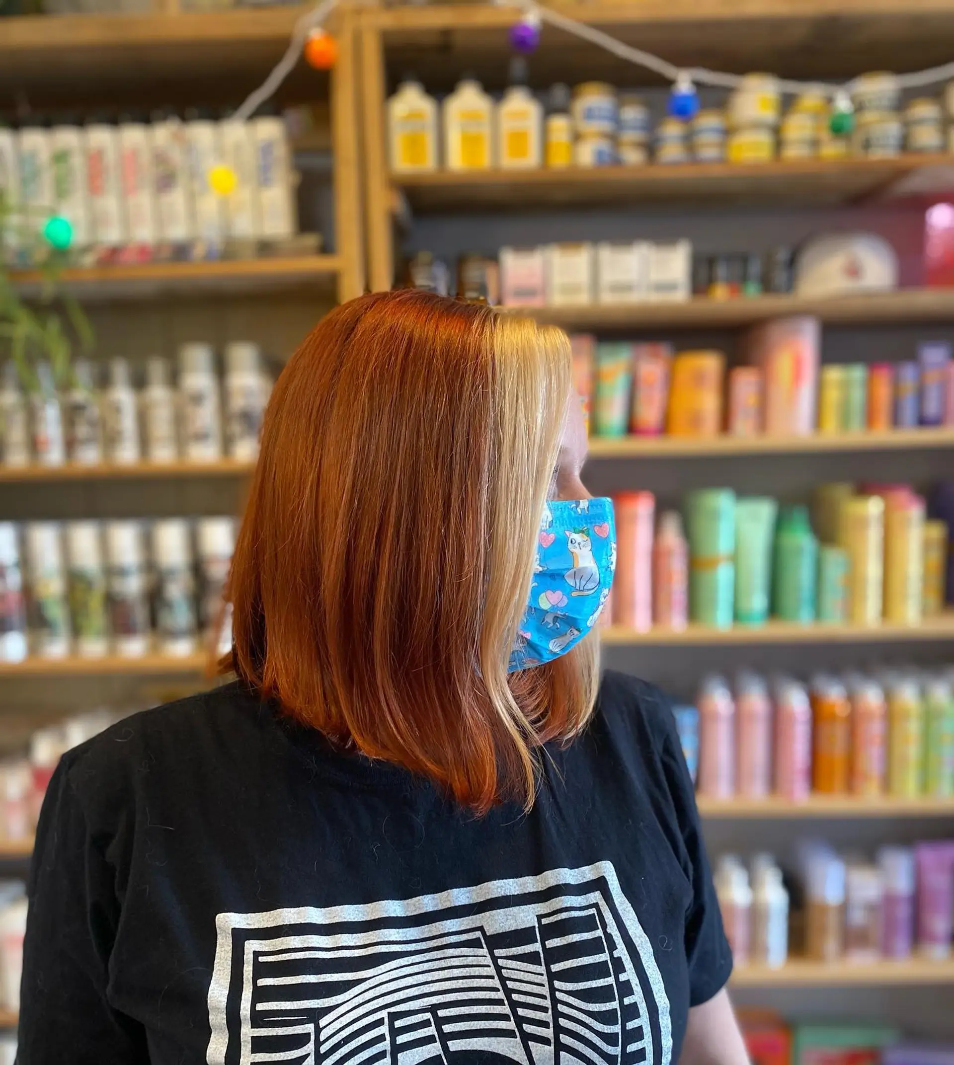 A trendy copper red ombre lob with a smooth color transition. 1