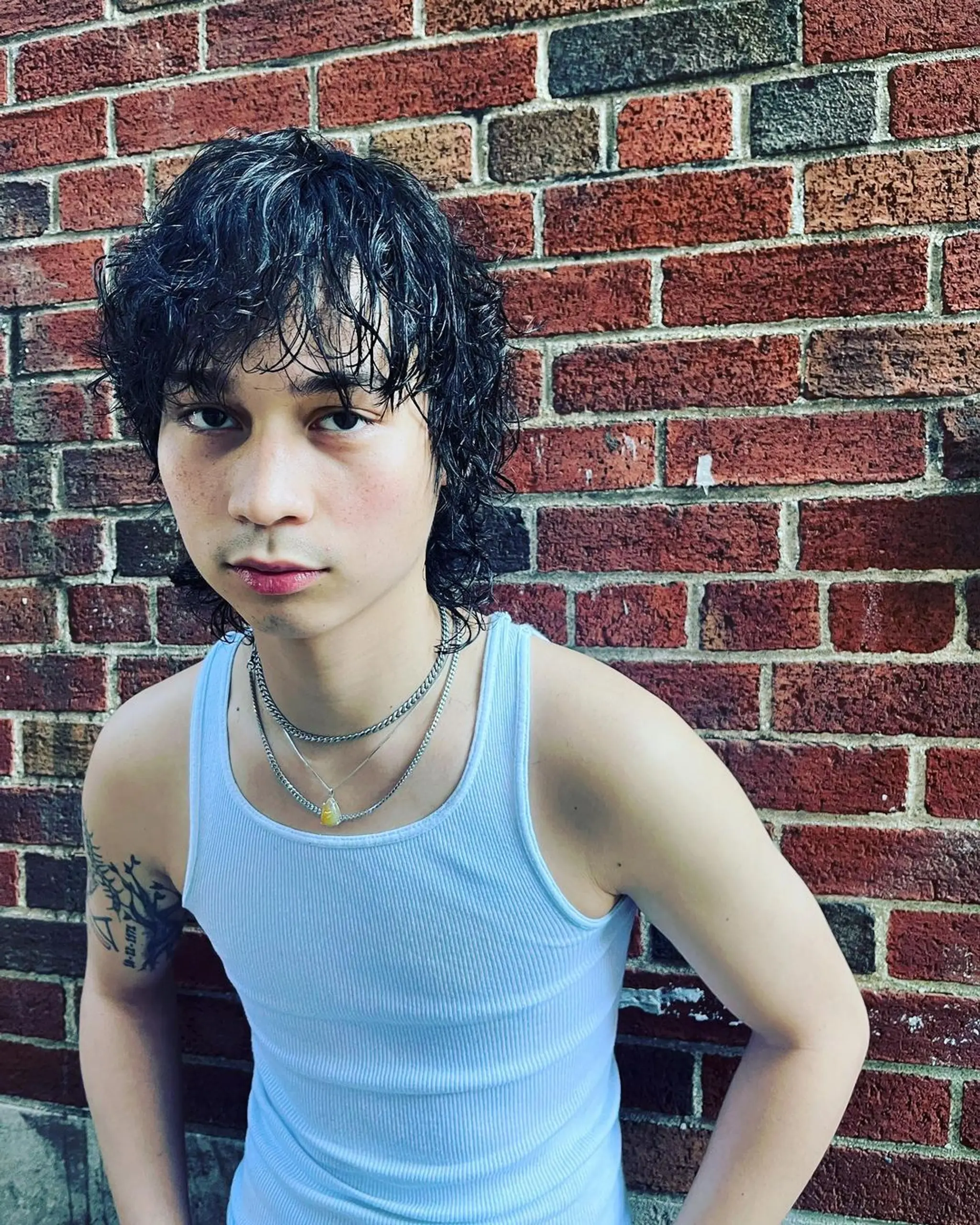A medium-length mullet with wavy texture and choppy, layered ends. The hair features black color with silver highlights, providing a modern, textured, and edgy appearance by Lynn.