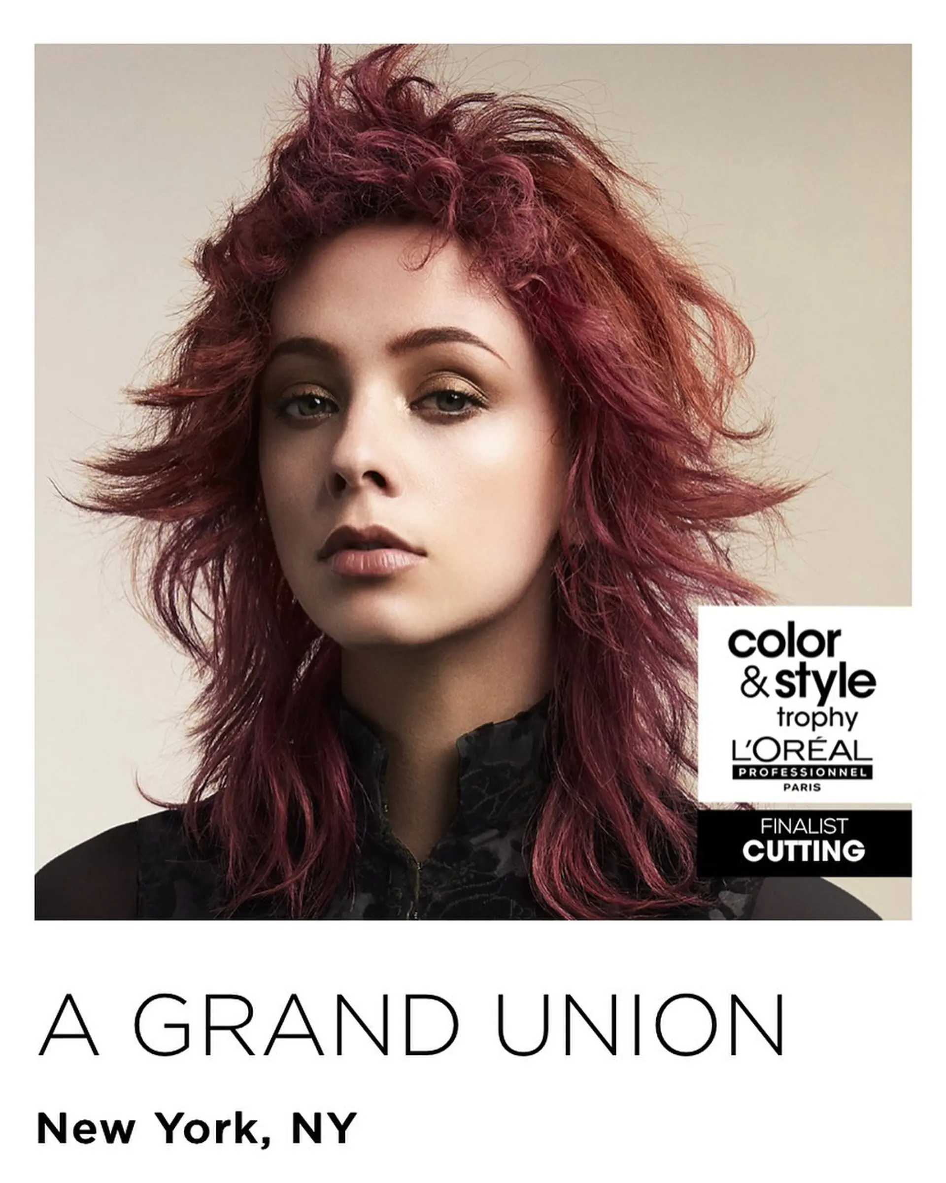 A heavily textured, shoulder-length shag haircut with flicked-out layers and curled baby bangs, finished in a vivid berry red and magenta tone. 1