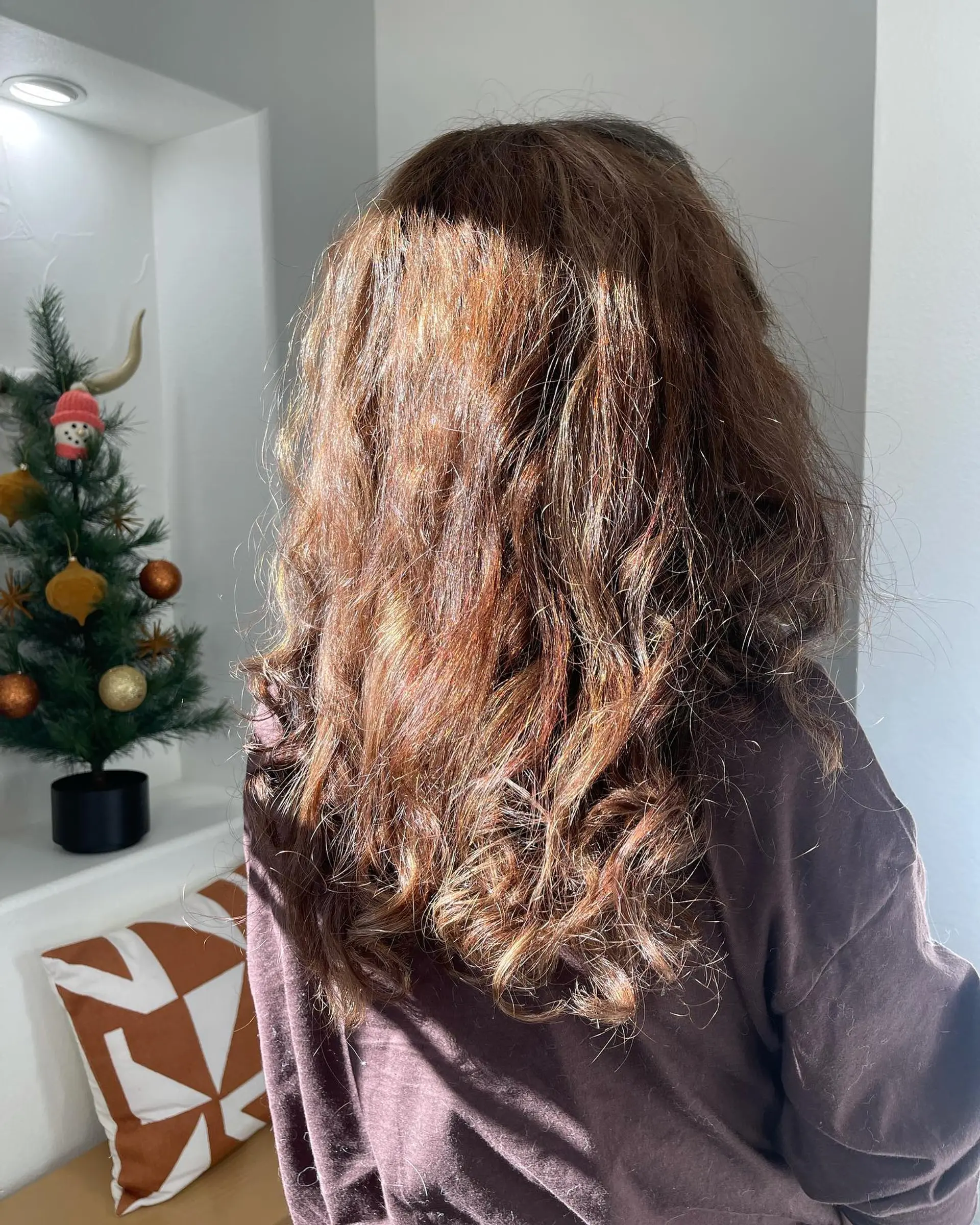 Long, textured wavy hair featuring warm dimensional chestnut brown tones after a color correction. 1