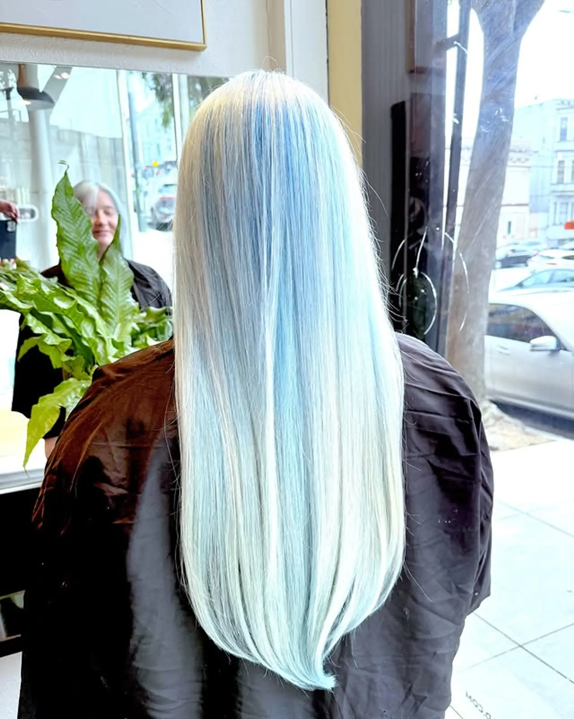 Very long, straight hair with a fantasy pastel blue and mint green color blend, featuring subtle lighter blonde sections and darker blue streaks, finished with a soft U-shape at the ends. 1