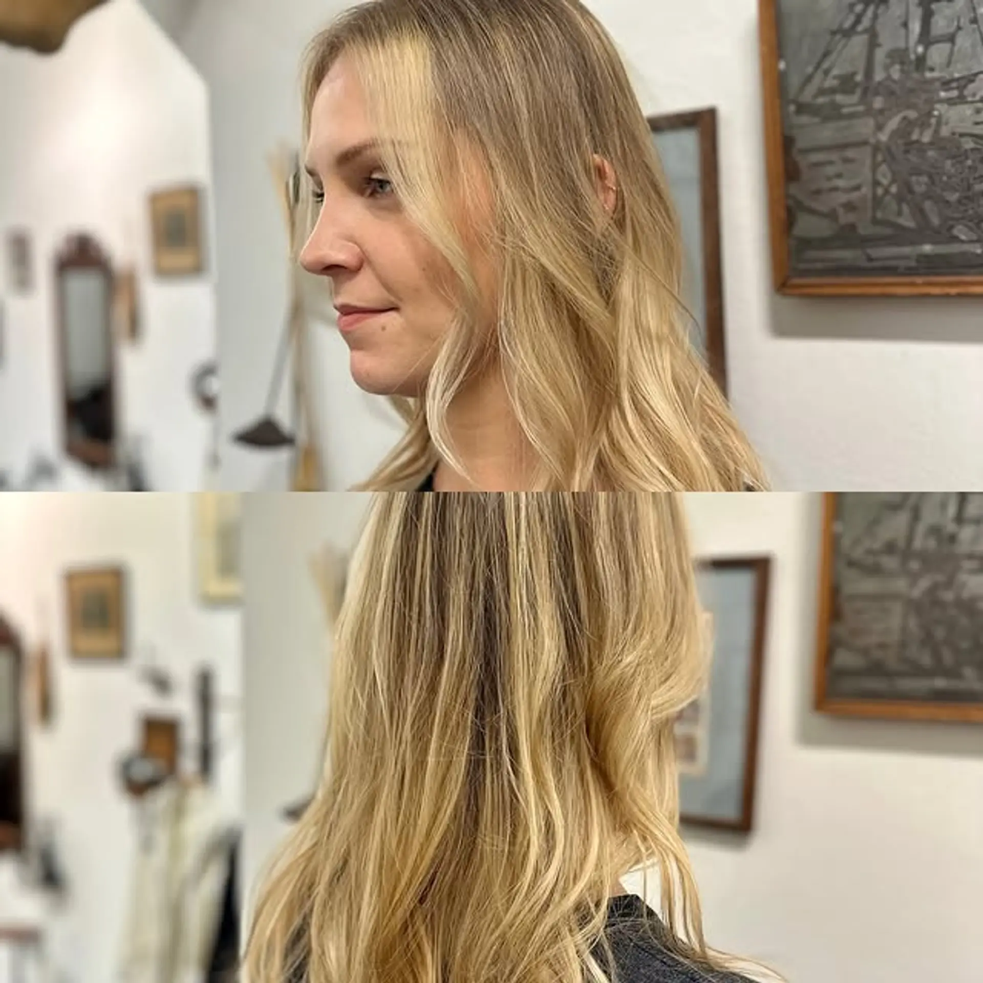 Long blonde wavy hair with curtain bangs and face-framing layers. 1