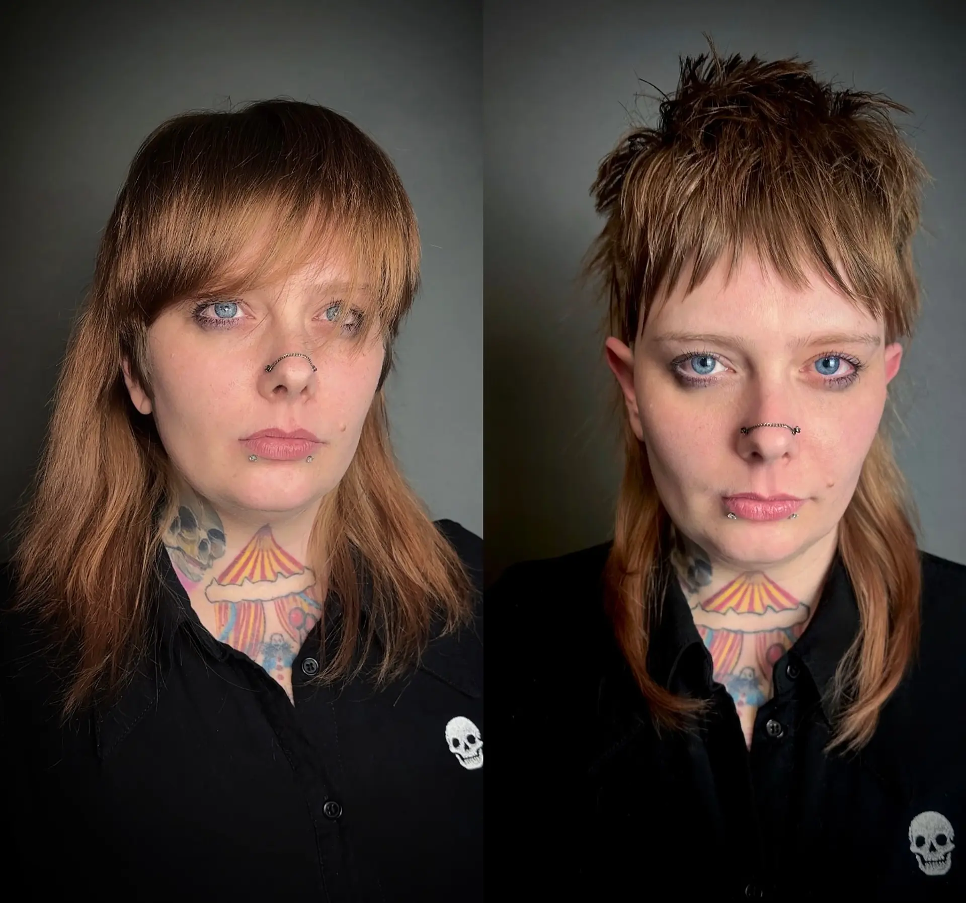 A razor-cut edgy mullet transformation featuring choppy micro bangs, heavily textured and spiked crown layers, and tapered lengths resting past the collarbones. 1