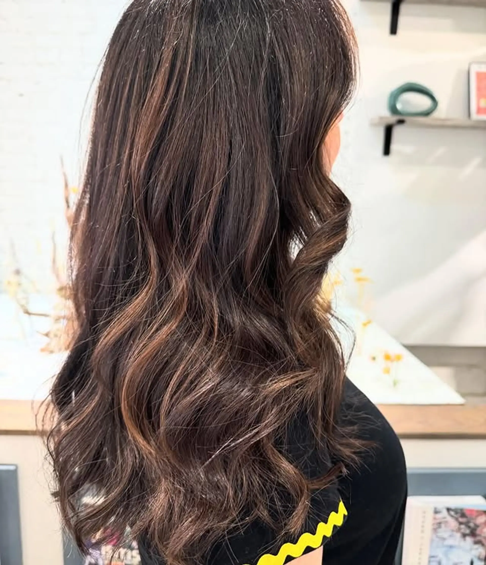 Long, layered waves with a chocolate brown base and caramel balayage highlights. 1