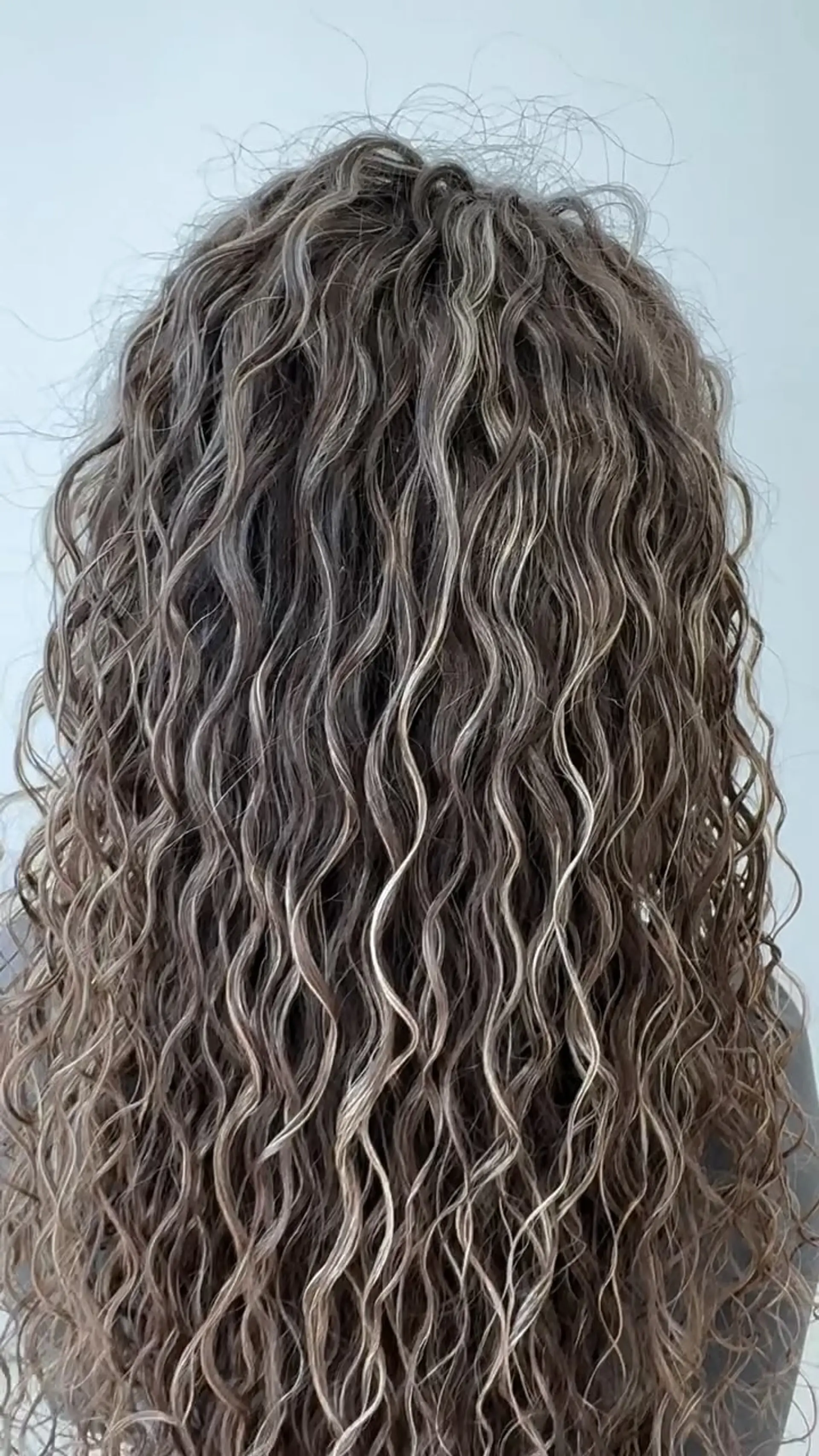 Long defined ringlet curls styled with fine blonde highlights throughout a medium brown base. 1