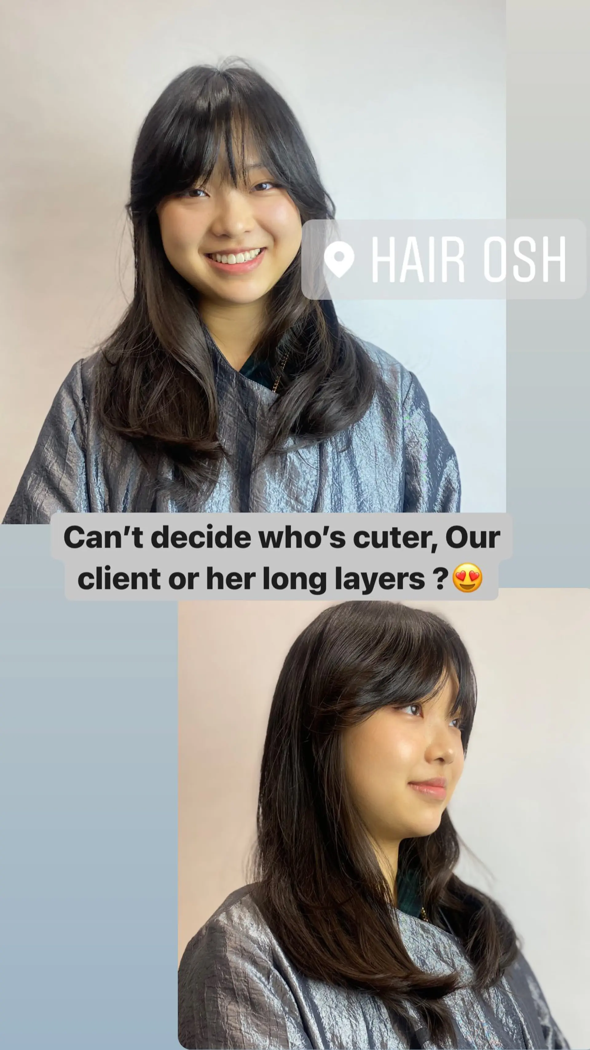 A long layered hairstyle with soft, face-framing layers and curtain bangs. 1