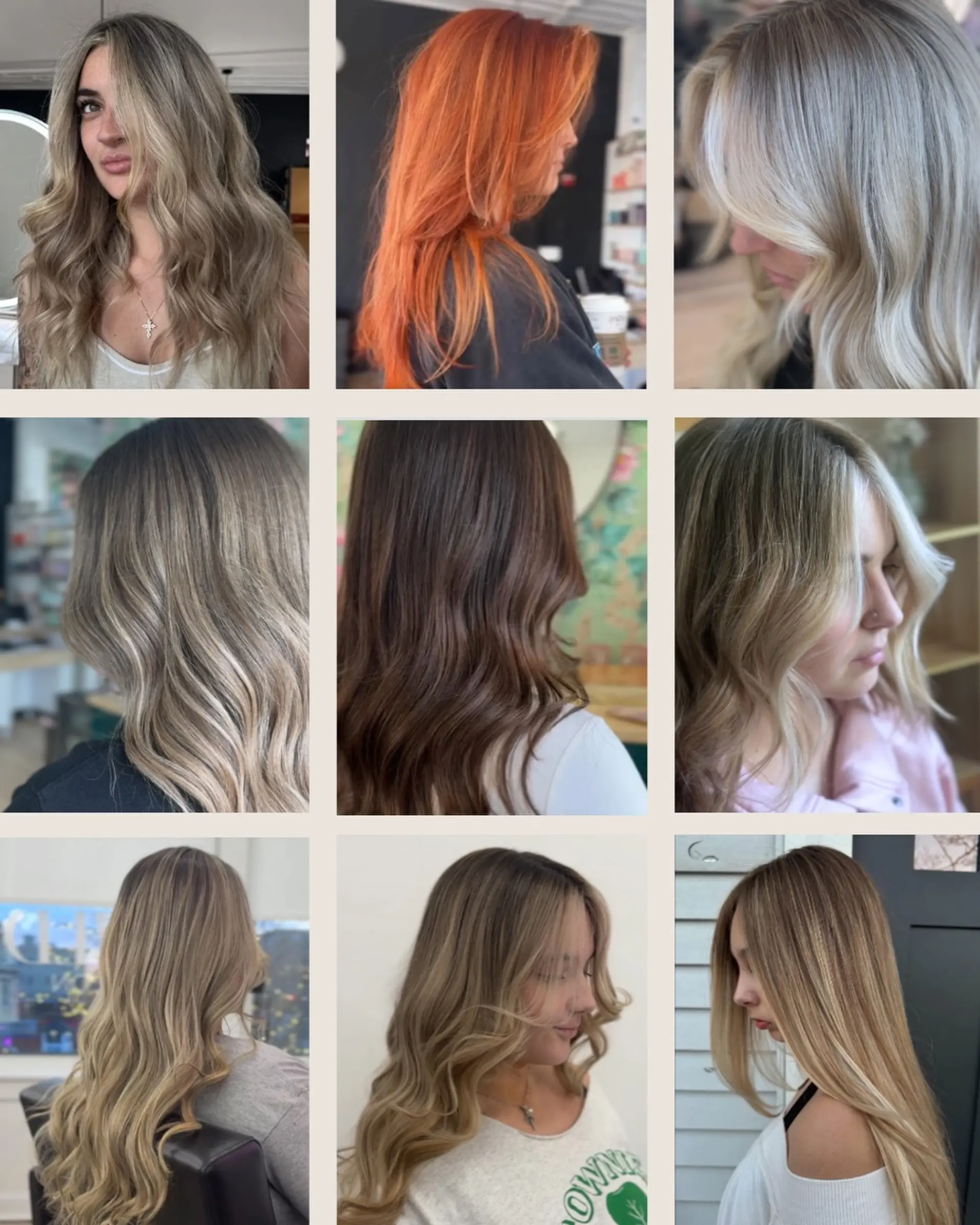 A nine-panel portfolio collage displaying dimensional color services including platinum blonde, vibrant copper, and soft brunette balayage with flowing waves. 1