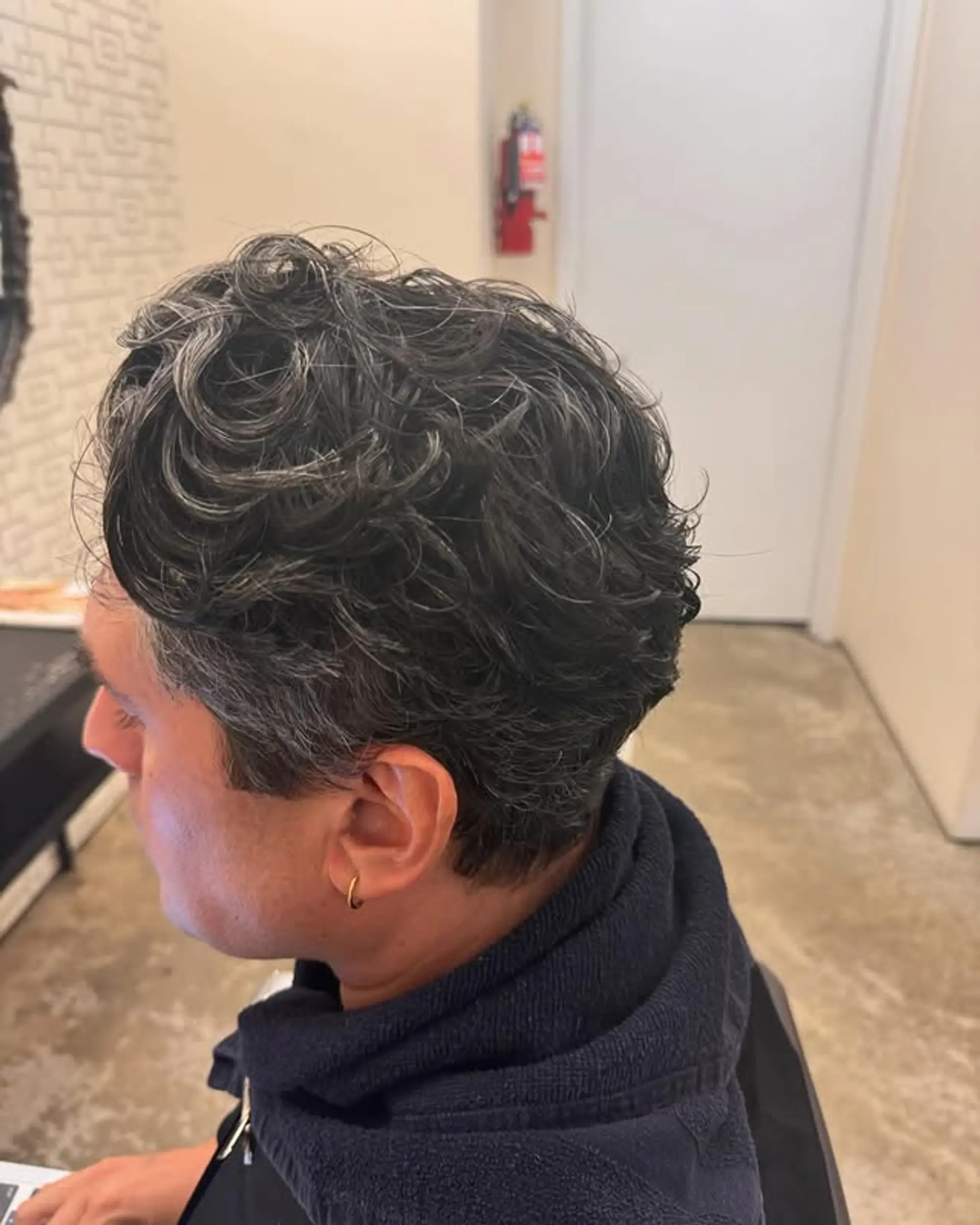 A short, curly haircut with a natural curl pattern and a neat trim. 1