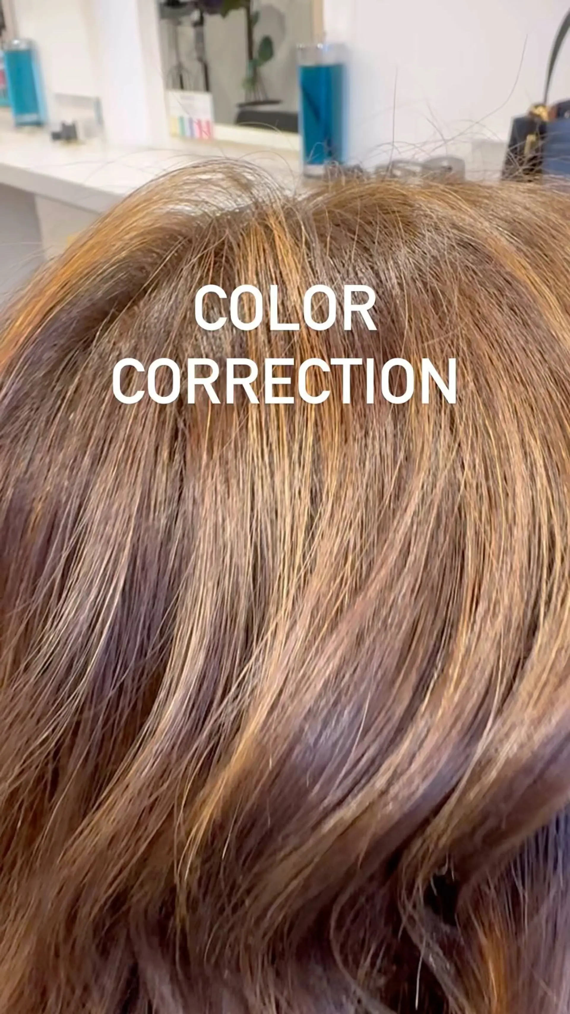 A close-up view of a color correction featuring warm honey and caramel highlights blended seamlessly into a medium brown base. 1