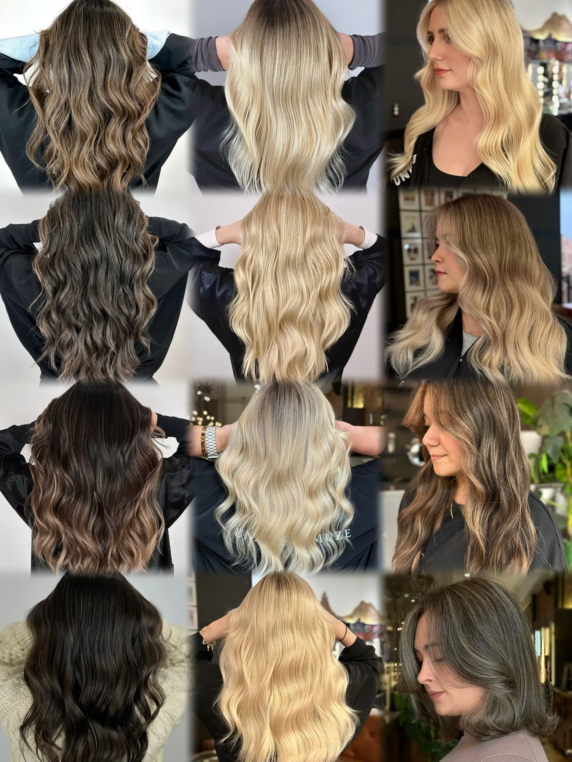 A collection of various hair color techniques including balayage, foilayage, and dimensional blonding. 1