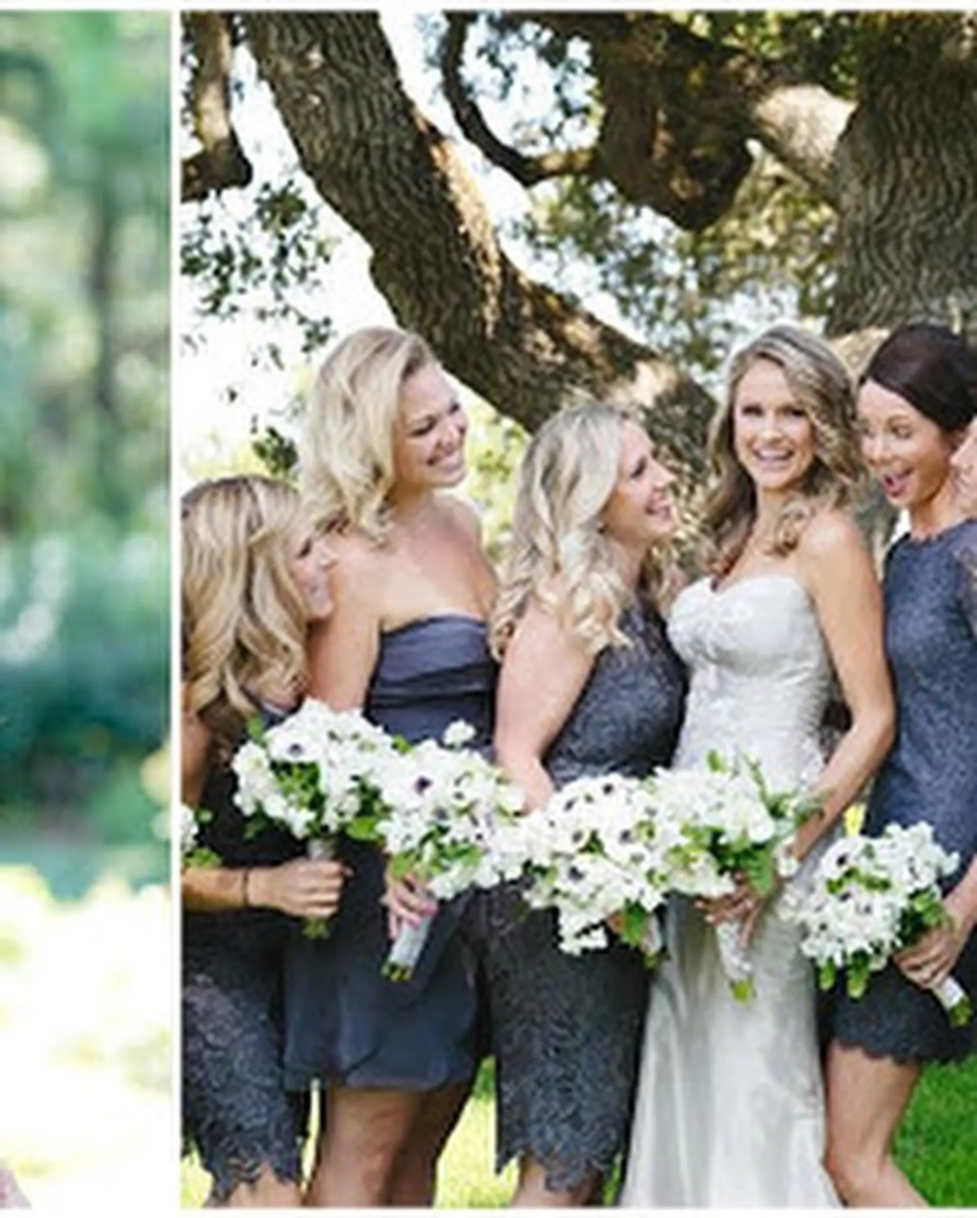 Coordinated bridal and bridesmaid hair downstyles styled in loose, romantic waves and soft curls. 1
