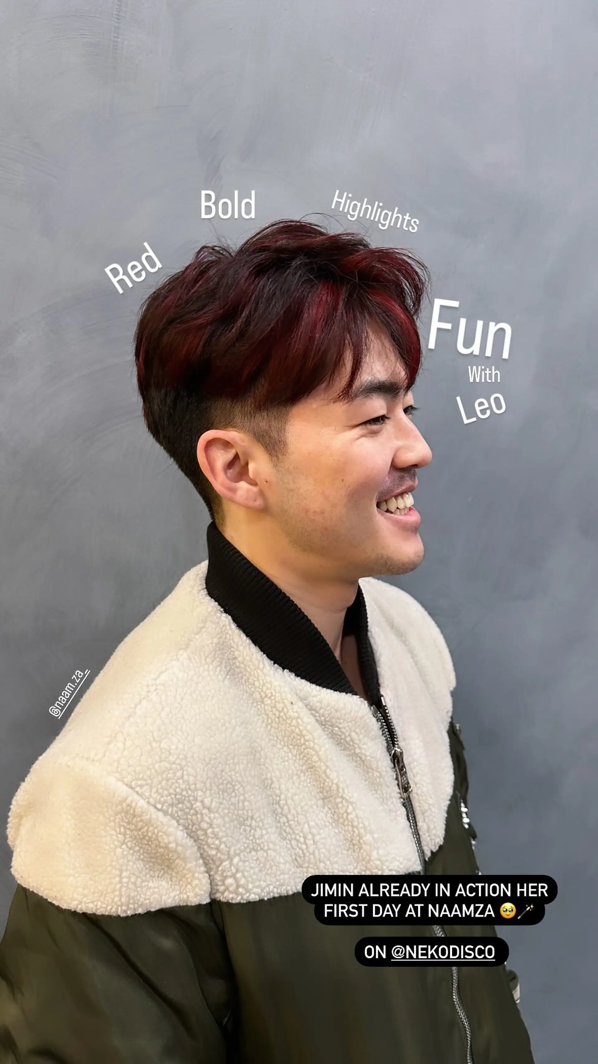 A short, textured crop with bold red highlights. 1