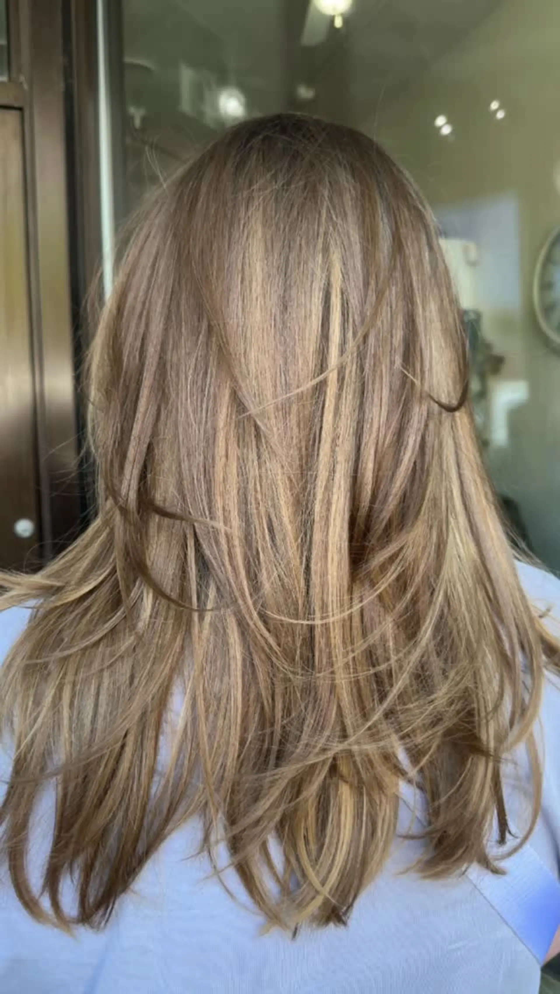 Long multi-layered haircut styled with soft, feathery movement and natural sun-kissed dimensional highlights. 1